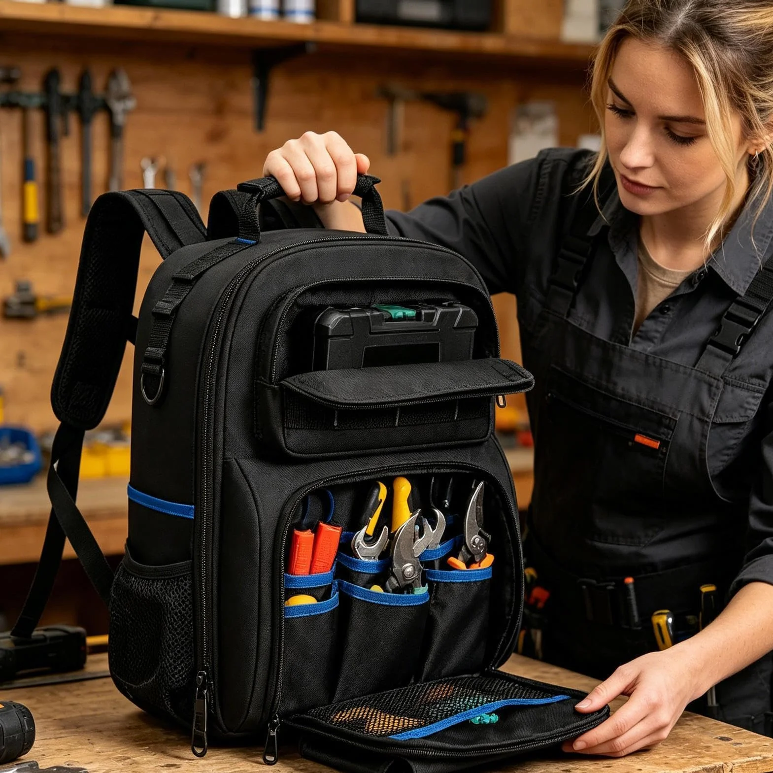 Mochila Para Electricista: De Herramientas Para Electricista, De Herramientas Con Fondo Rígido, Mochila De Trabajo Con Almacenamiento En El Fondo Rígido | Organizador De Trabajo Con Múltip