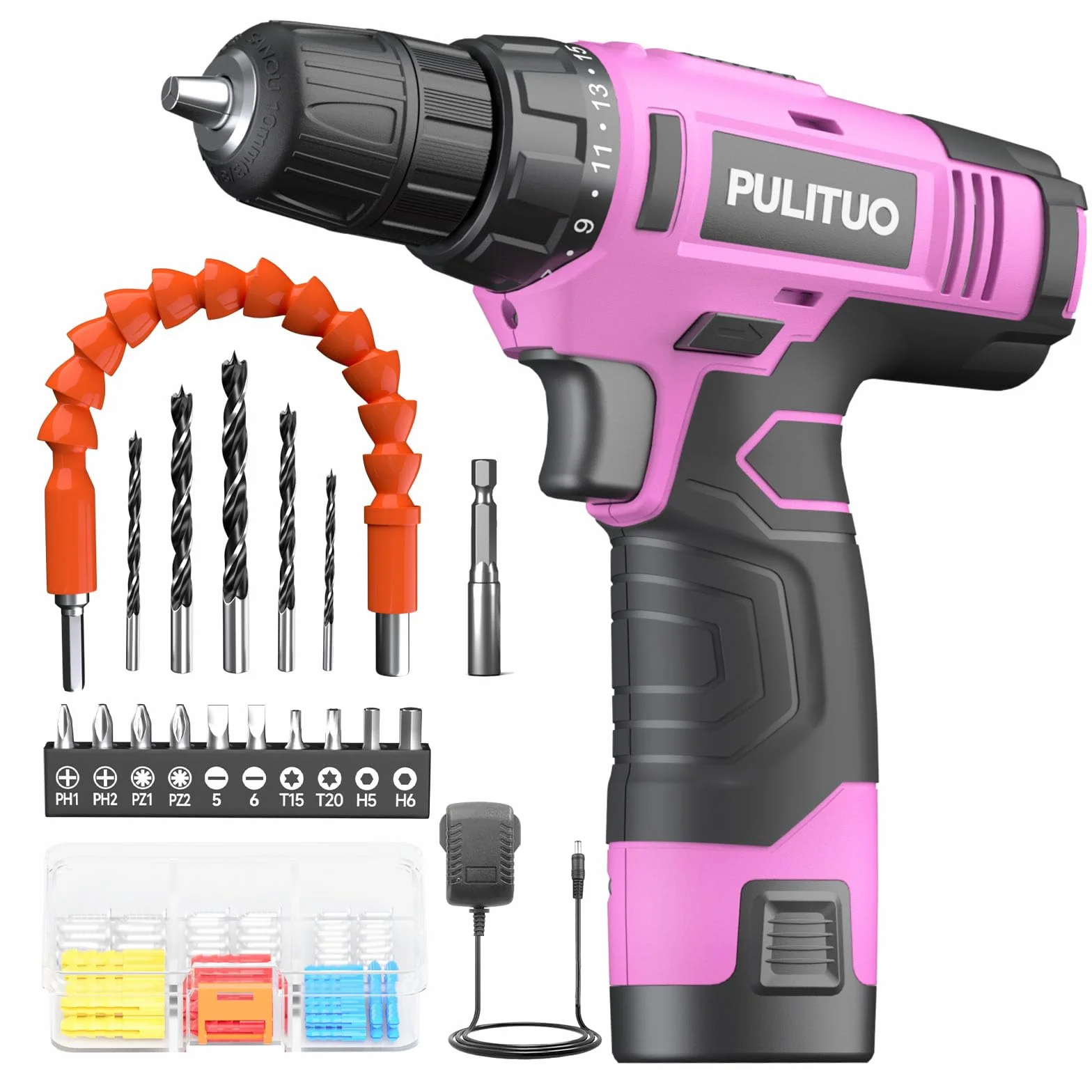 PULITUO 12V taladro inalámbrico, juegos de brocas de perforación de gran alcance con la batería de Li-Ion, 21 + 1 Ajuste de par, 3/8 "pulgadas portabrocas sin llave, taladro eléctrico.