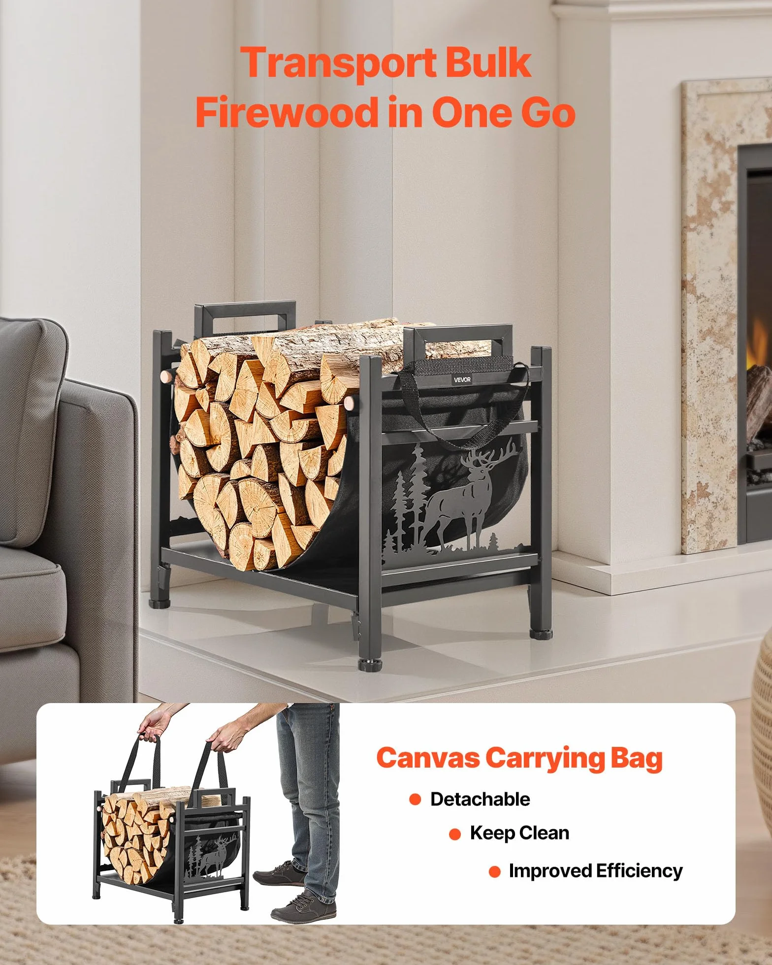 VEVOR Estante de Leña 450 x 315 x 415 mm Marco de Metal con Recubrimiento en Polvo Soporte de Leña Capacidad de 18,1 kg con Portador de Transporte de Lona Leñero Resistente para Chimenea, Negro