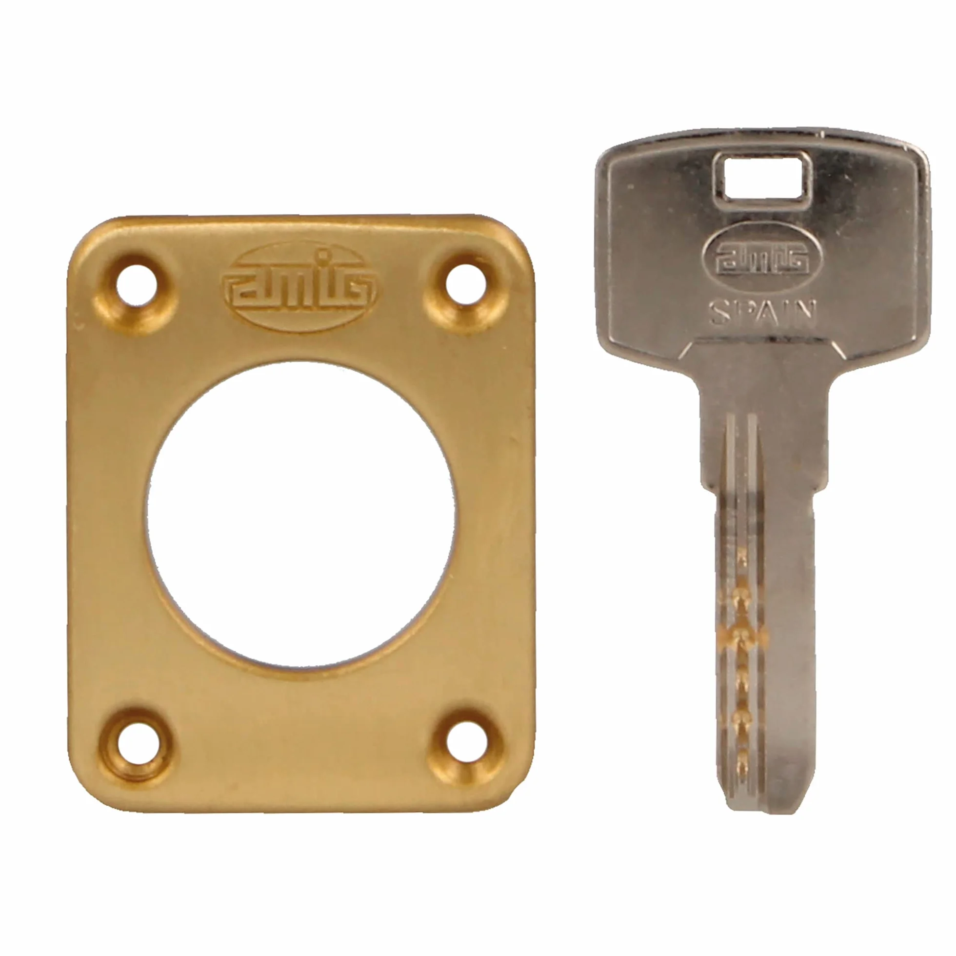 Amig - Cerradura de Sobreponer de Izquierda con Palanca de Cierre, Lengüeta y Tirador para Puertas de Madera Mod. 75, 67 x 112 mm, Cilindro Redondo de Seguridad, Acero Dorado