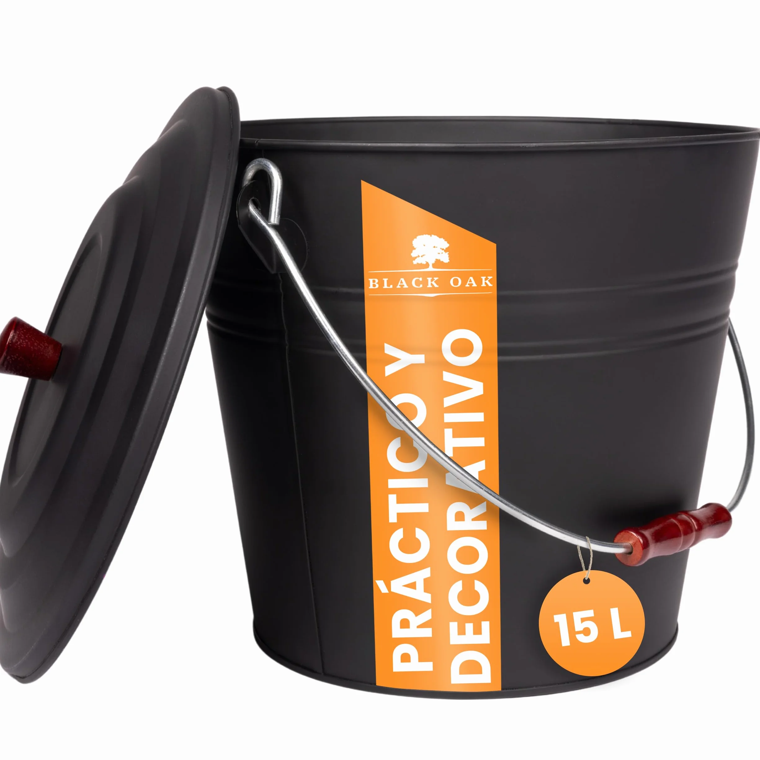 BLACK OAK KATLA - Cubo de cenizas (15 L, tapa negra con botón de madera, grande, 15 L, acero galvanizado, recubrimiento en polvo, cenizas y carbón, accesorio ideal para chimenea, estufa de azulejos,