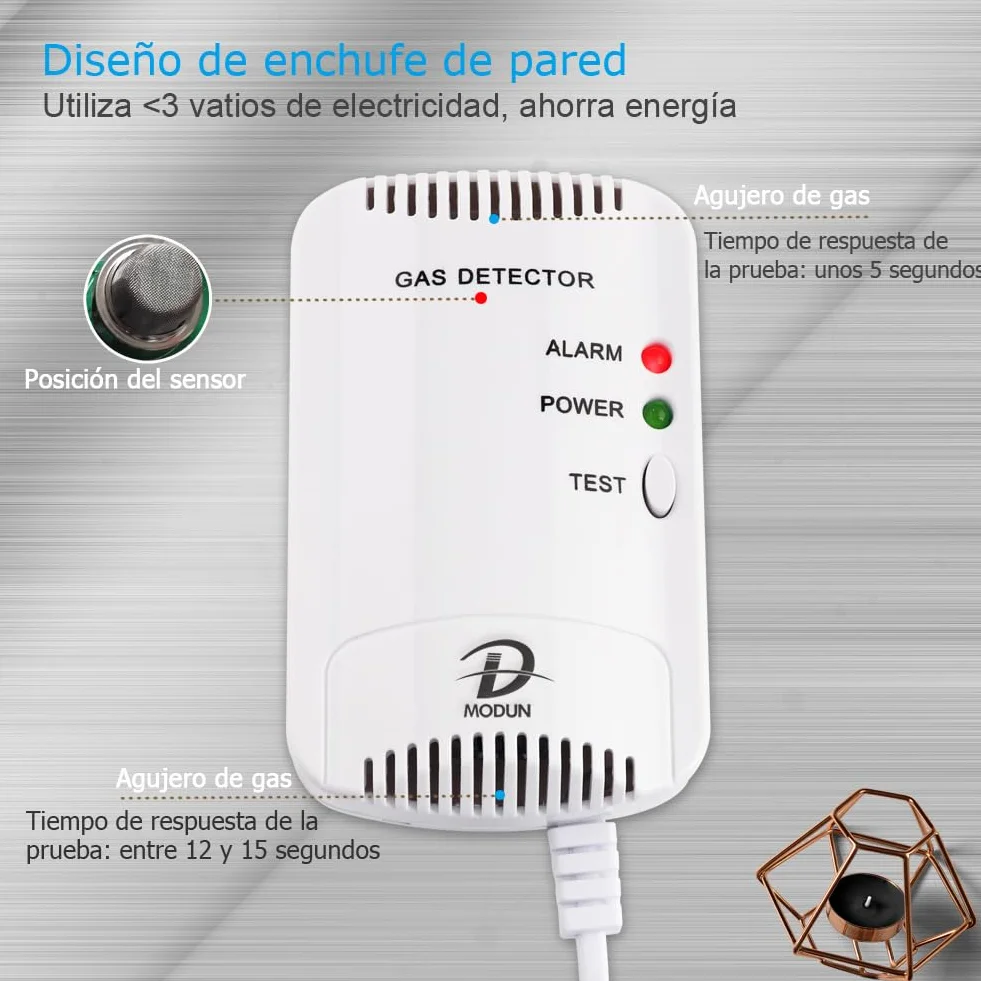 D MODUN - Detector de Gas, Fugas de Gas Natural/LPG/gas de Carbón, Monitor de Metano Propano Butano, Advertencia de luz Estroboscópica 100dB, Alarma de gas enchufable adecuado para Cocina, RV, Garaje