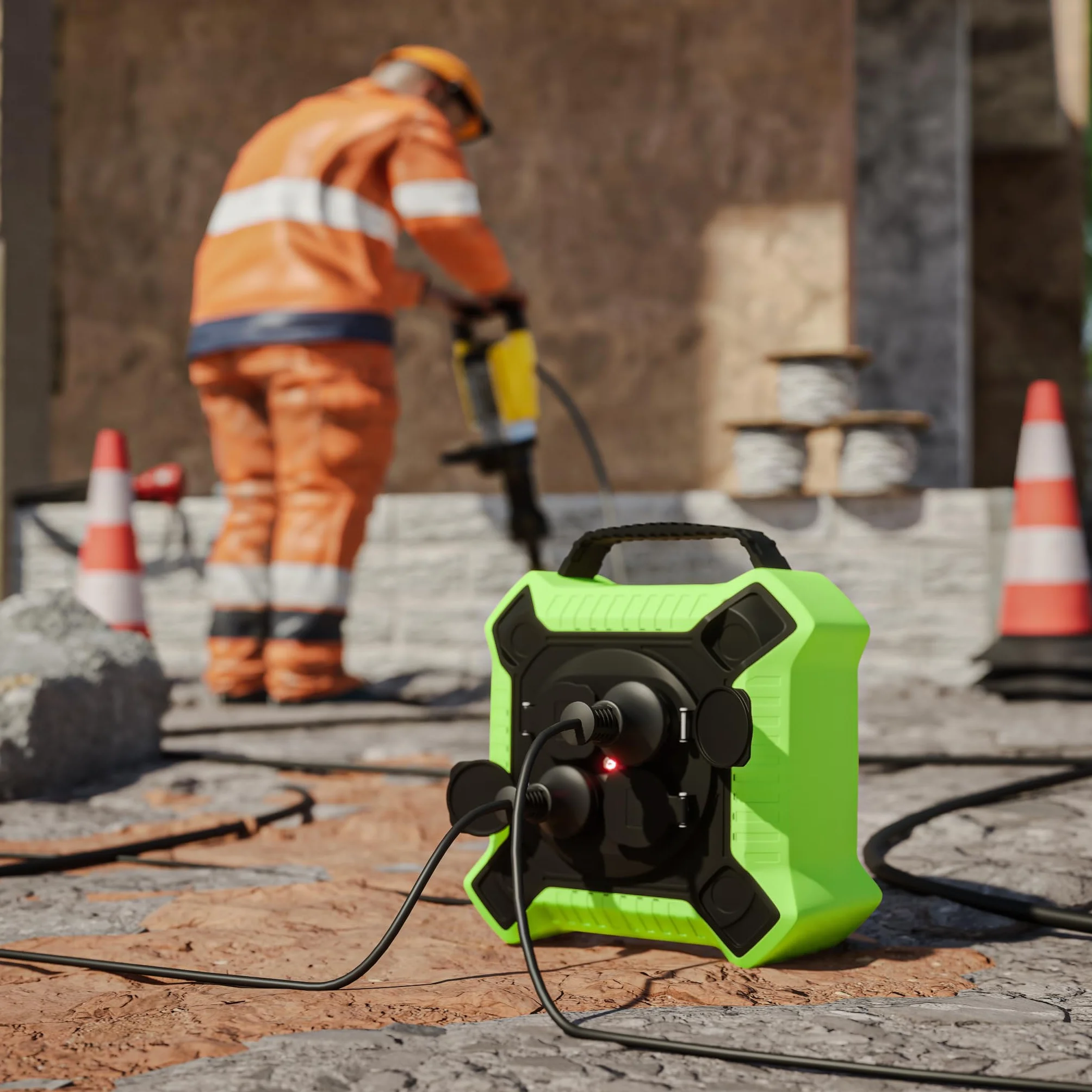 MutecPower Alargadera 10 metros IP44 enrollacables 10m enrollador de cable para exteriores con 4 tomas schuko de corriente protegidas, alargador H05RR-F 3G1,5 Negro/Verde