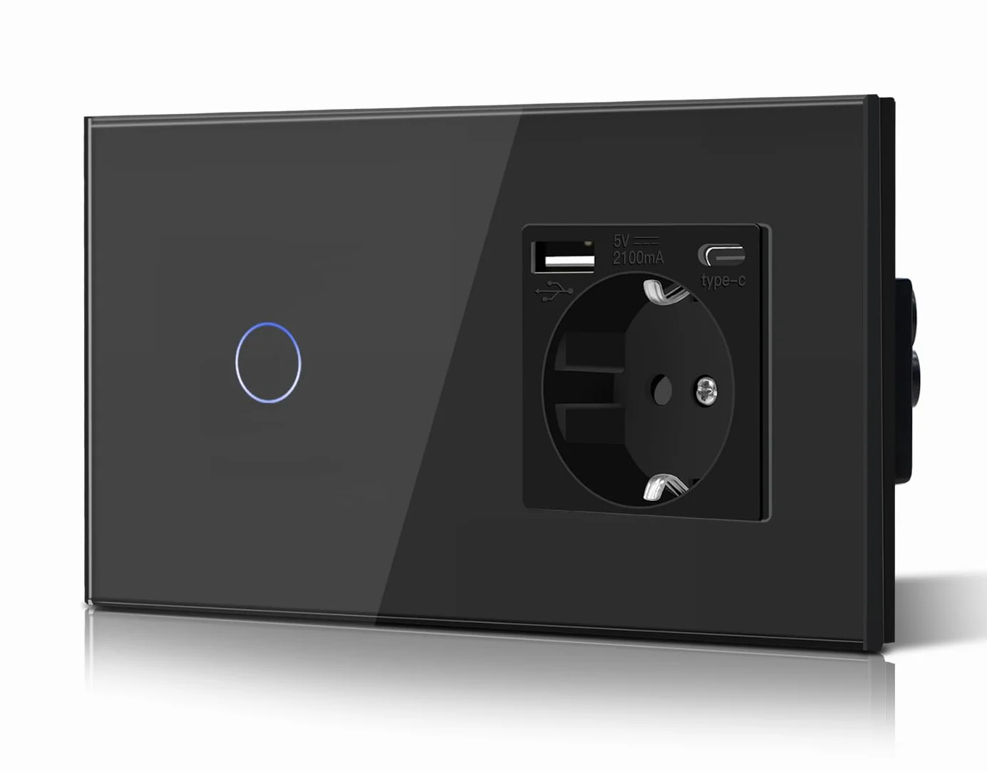 BSEED Interruptor táctil y enchufe pared,Toma de corriente con USB C,Panel de Vidrio con pulsador LED,Sin Función Wifi,1 Gang 1 Vía+1 Enchufe USB/Tipo C,157mm Negro