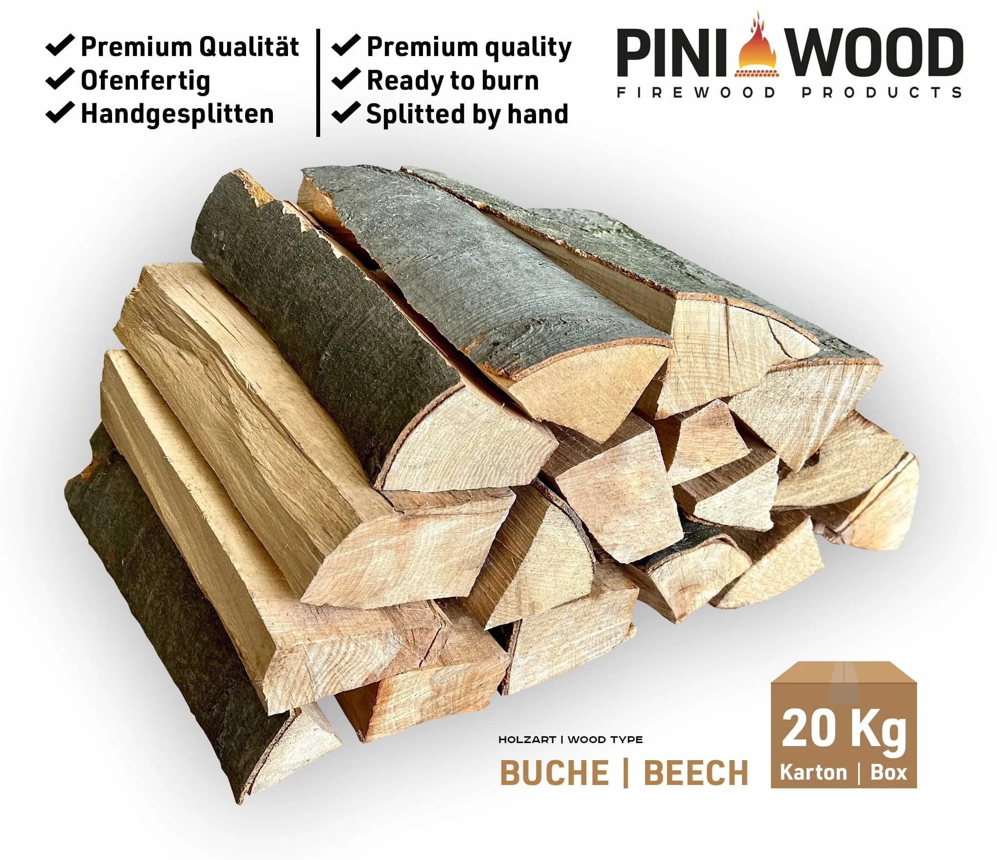 PINI Leña de haya 20 kg 25 cm para chimenea barbacoa horno