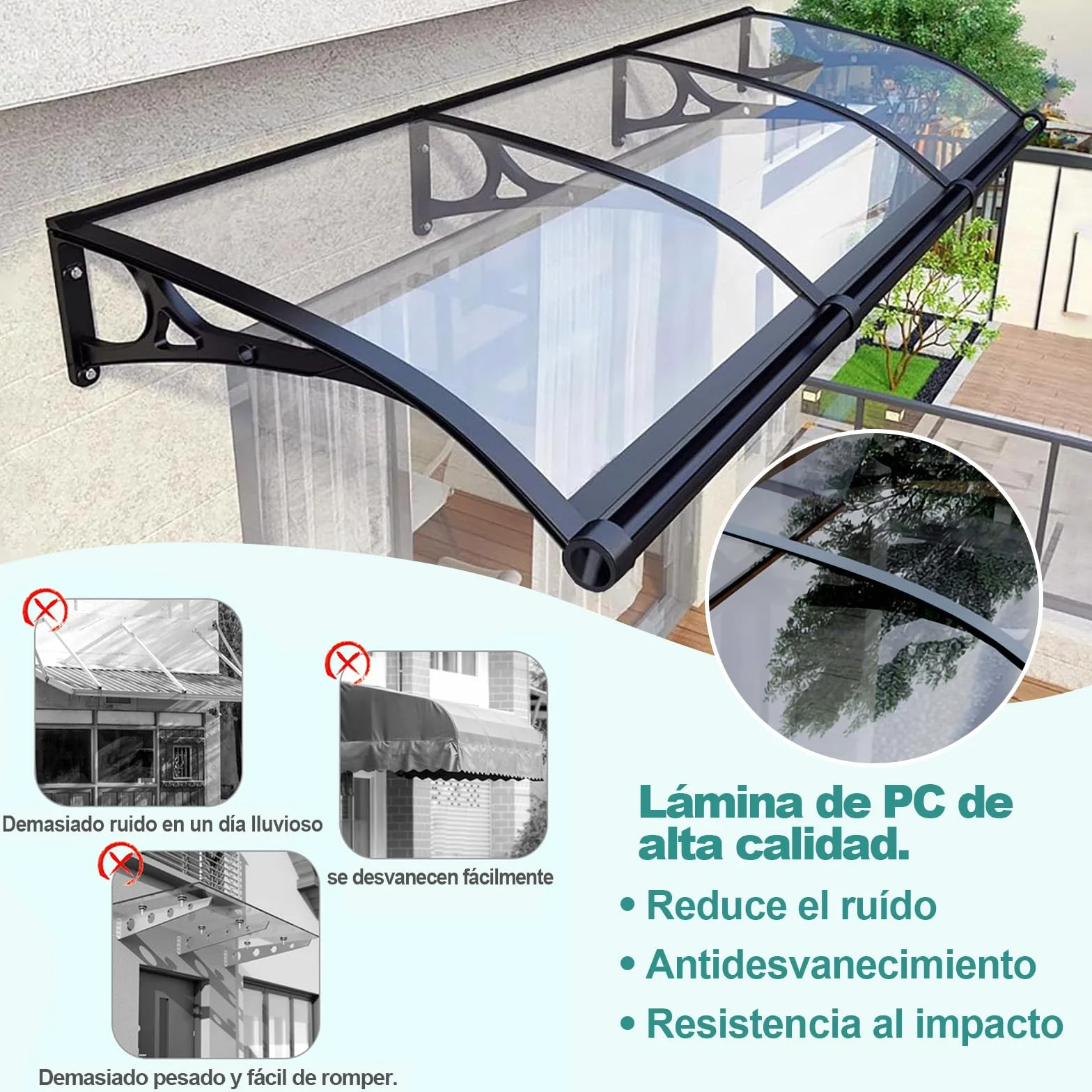 Marquesinas Exterior, Marquesina Puerta Exterior, Marquesina, Protección Solar/contra la Nieve/Lluvia, Tejadillo de Exterior para Porche/Delantero/Techo/Entrada, Instrucciones Incluidas