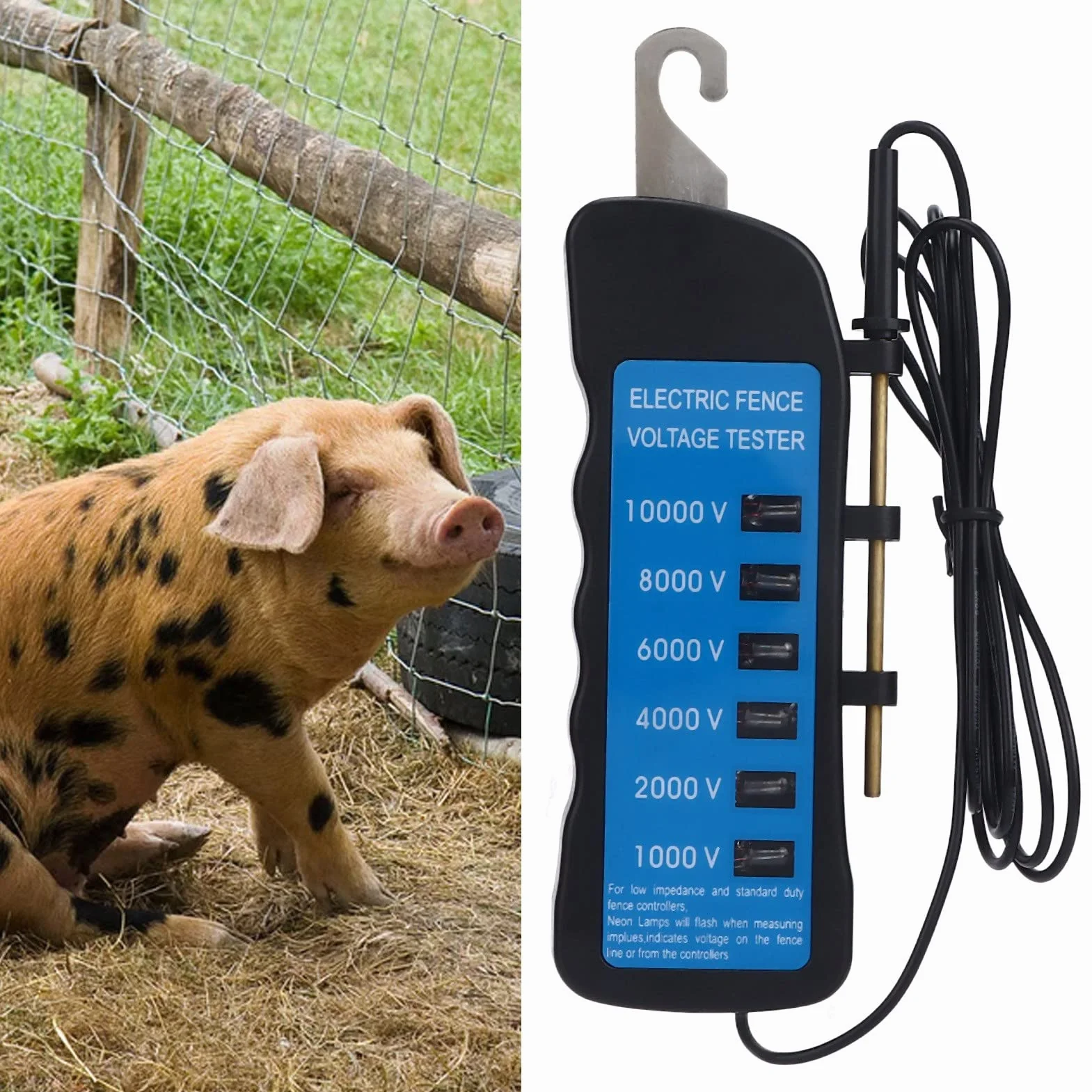 Fafeicy Probador de Cercas Eléctricas, 1000-10000V, Impermeable, con 6 Luces Indicadoras, para Granja y Ganado