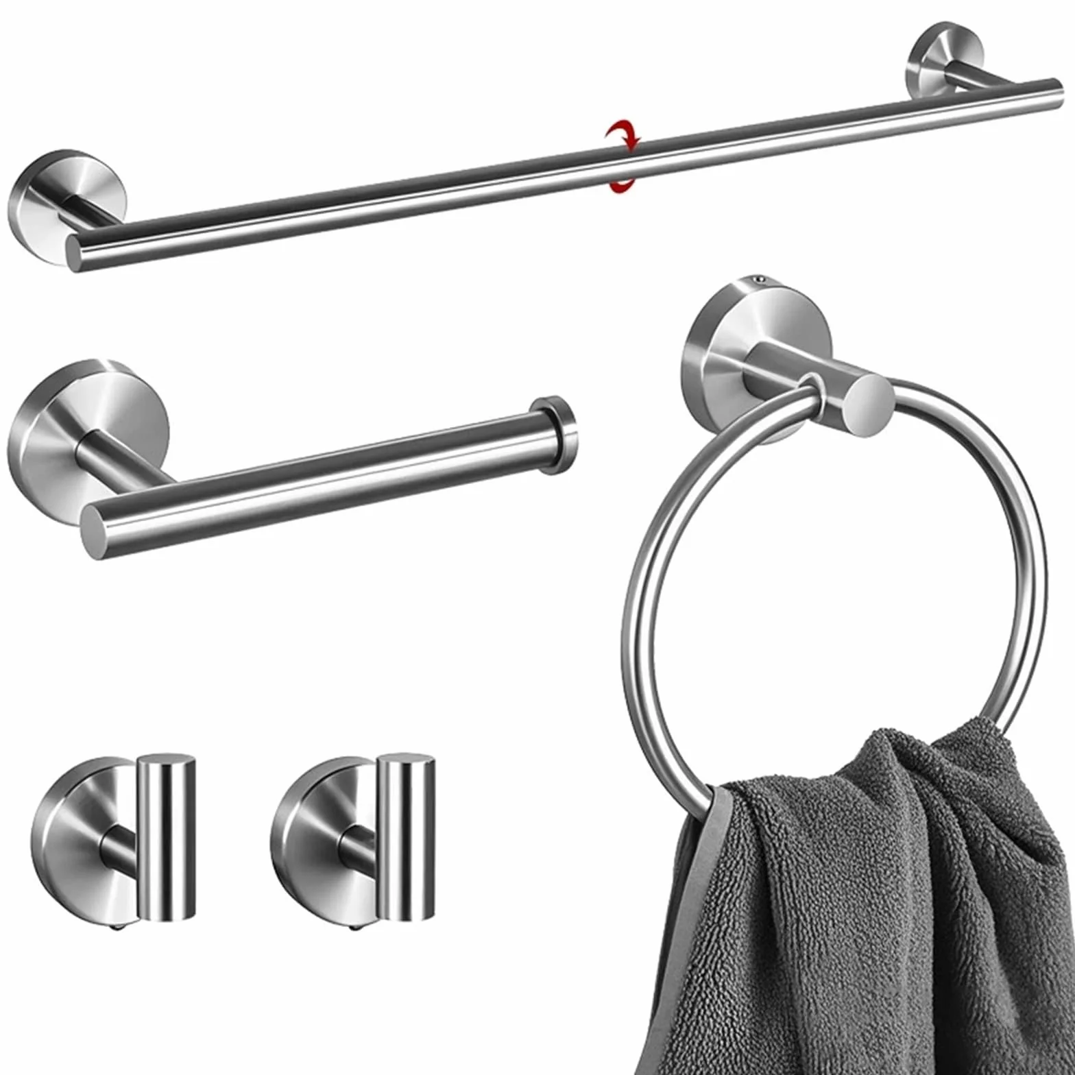 Juego Accesorios Baño Portarrollos Papel Higiénico Negro | Anillo para Toalla Herrajes Acabado Dorado Cepillado,Soporte para Toalla Mano Ganchos Batas Montaje Pared(Silver)