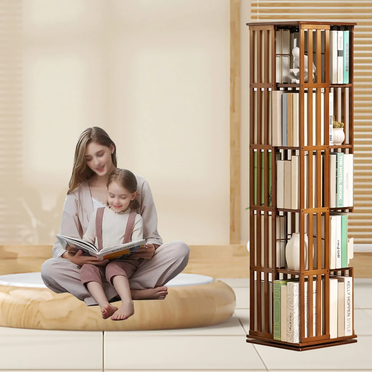 Biblioteca giratoria de bambú a niveles, estante giratorio de 360° con vitrina de esquina, estante para libros y decoración - Estantería de almacenamiento para niños y adultos - Biblioteca