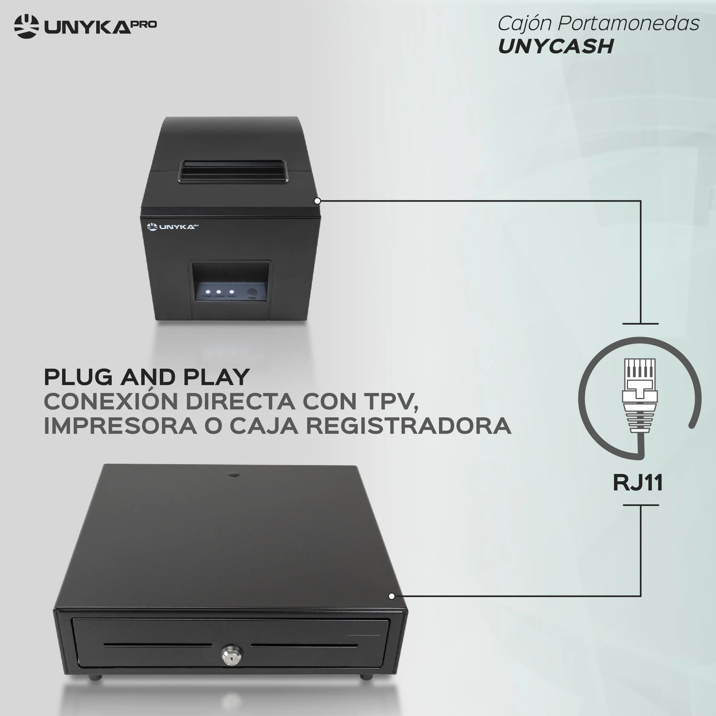UNYKAch Cajón Portamonedas UNYCASH 56001 Estructura Metálica 41x41cm 4 Compartimentos para Billetes y 8 para Monedas Apertura Automática RJ11 Manual con Llave Compatible con Sistemas POS