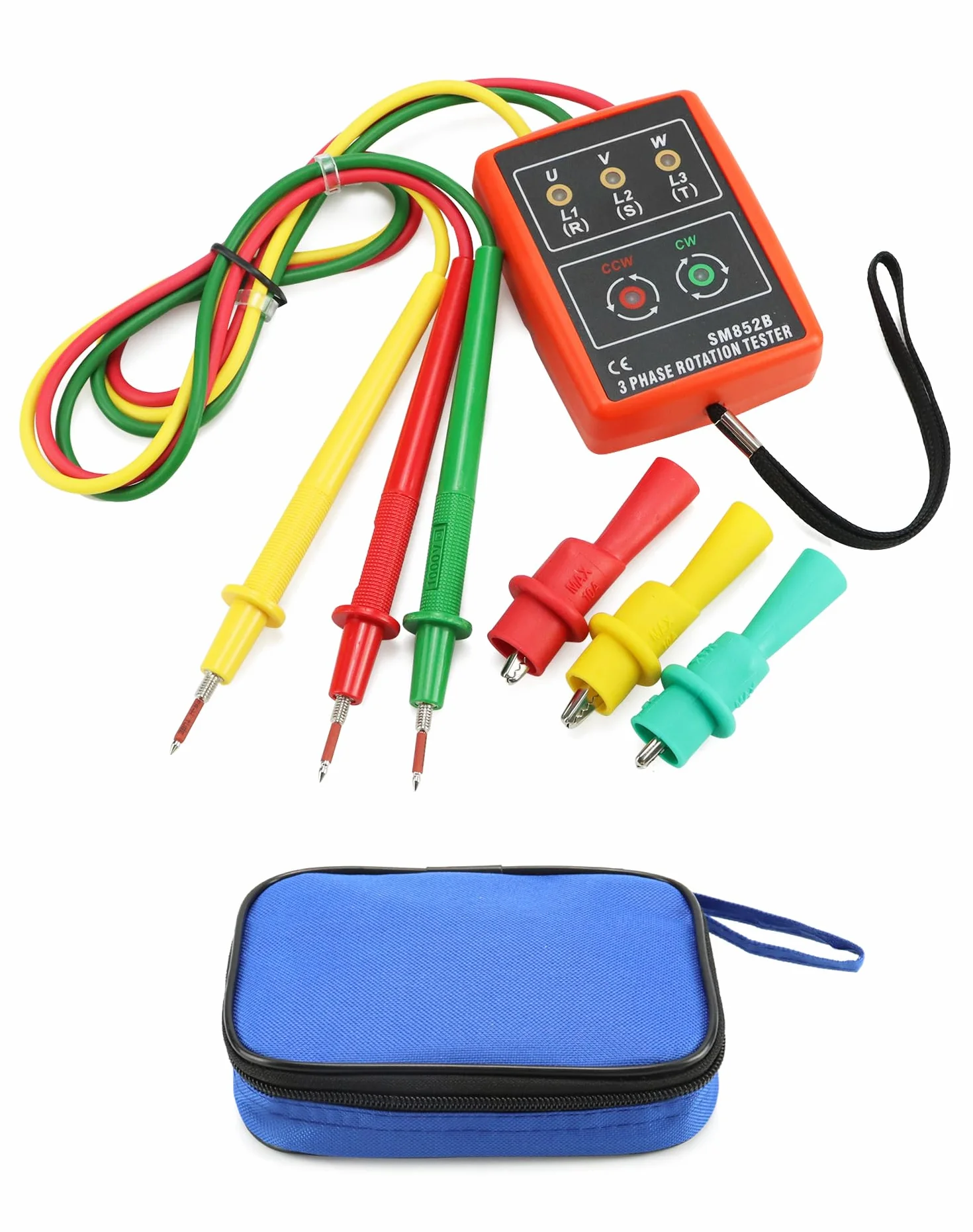 QWORK® Probador de fase, dispositivo de medición de campo giratorio para 3 fases, 60 V ~ 600 V CA, 20-400 Hz, con probador de zumbador y pinzas de cocodrilo