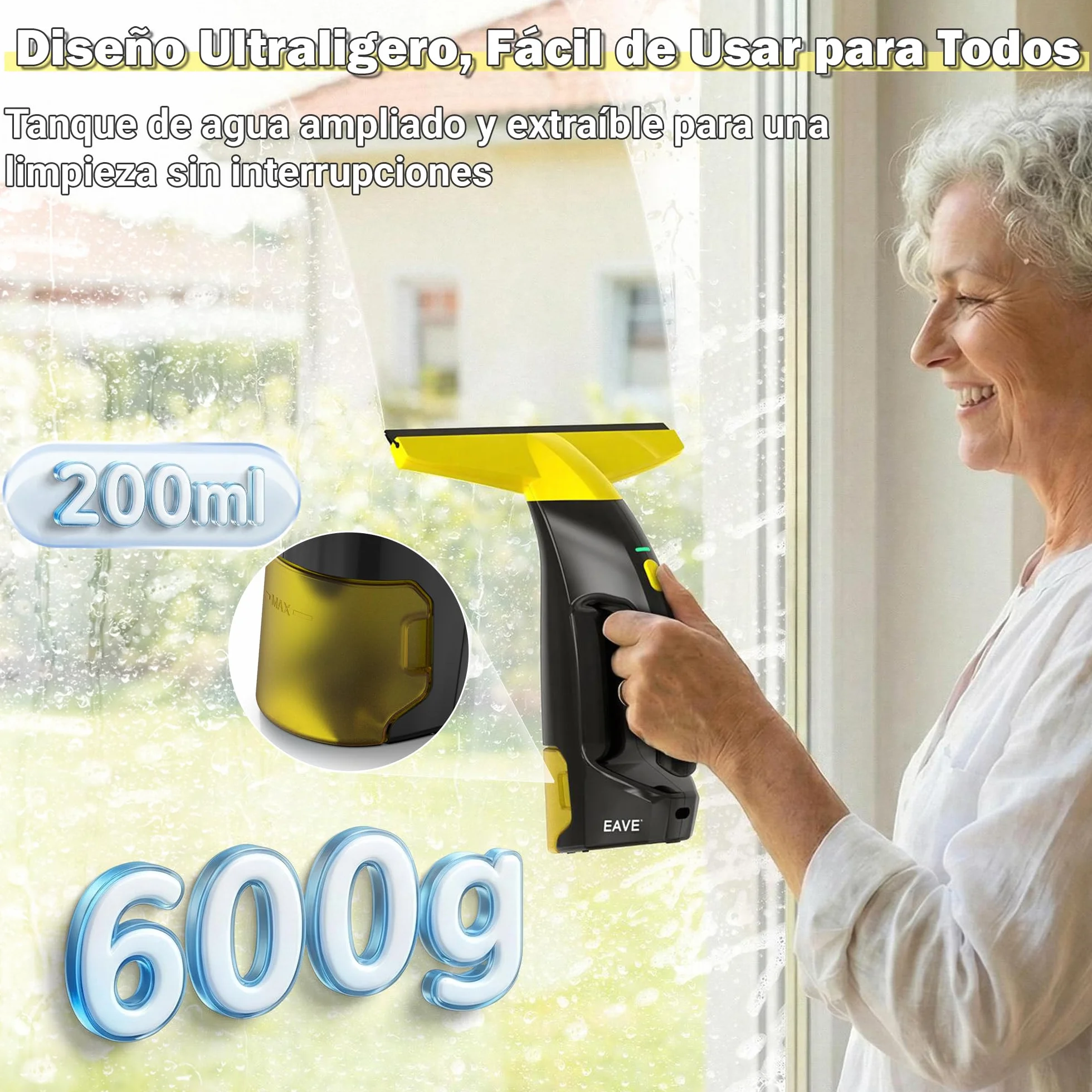 EAVE Limpiacristales Electrico, Set Limpiacristales con 45min de Autonomía, Limpia Cristales Electrico Ventanas con Boquilla de 28cm y Depósito de 200ml, Apto para Ventanas y Espejos (amarillo)