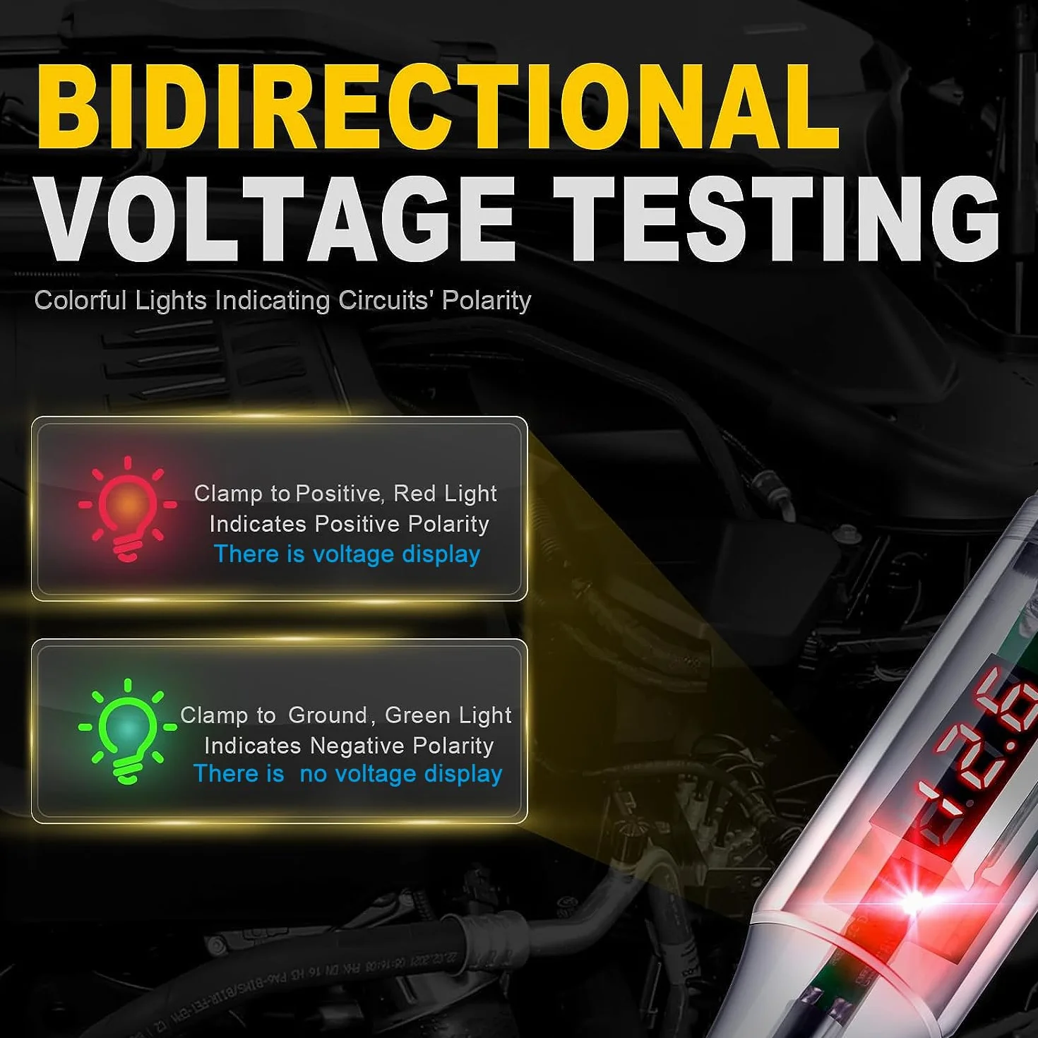Greluma 1 Pieza Probador de circuito automotriz de 3-48V con voltímetro,luz de prueba de pantalla de retroiluminación LED resistente,probador de voltaje de DC bidireccional