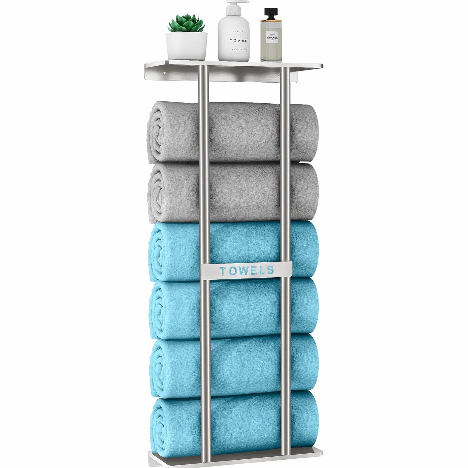 STWWO Toallero de Baño de Pared 76cm Toallero Vertical con Estante Plata Almacenamiento para Toallas enrolladas Baño Soporte para Toallas de Mano Grandes Toallas de Playa, Metal