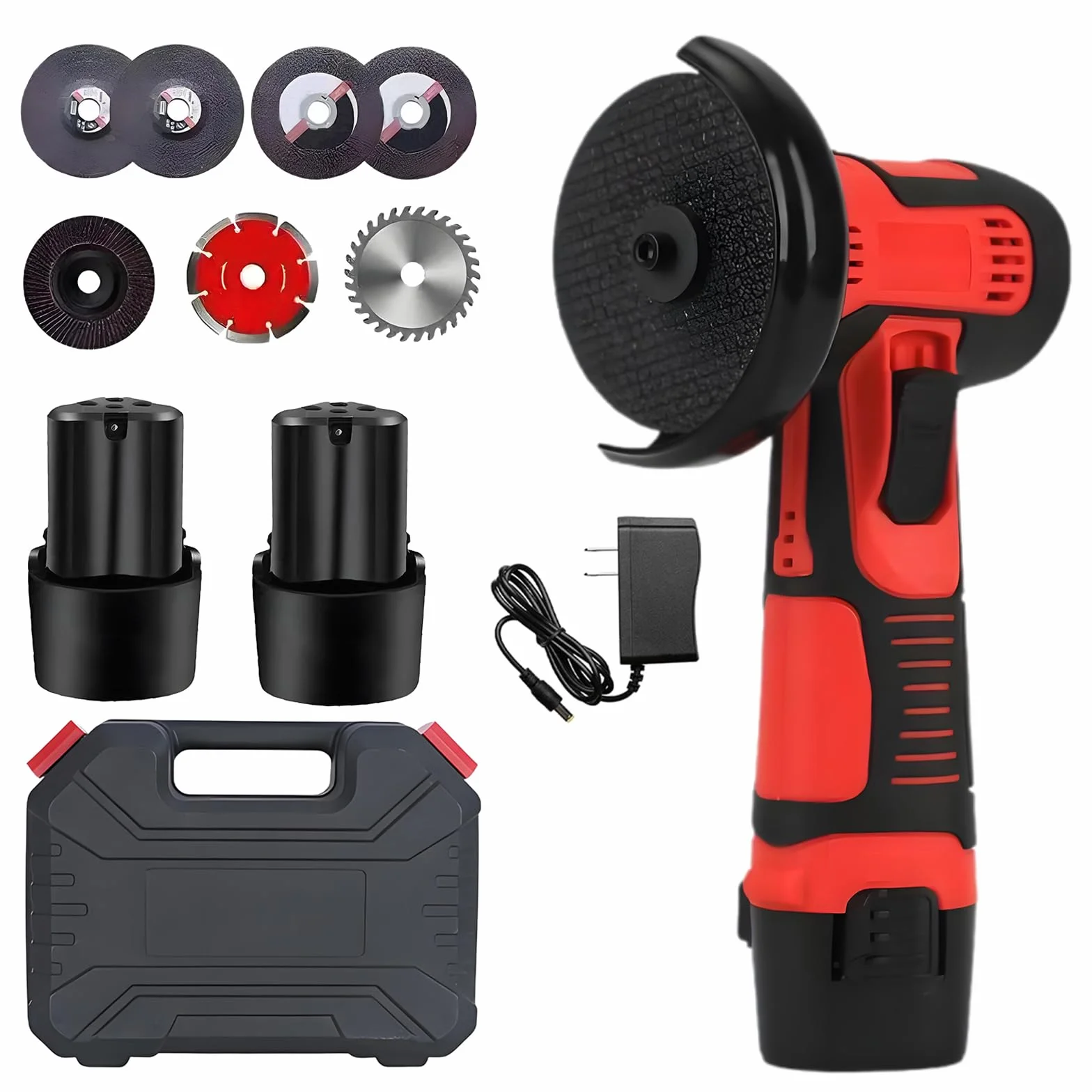 Mini Amoladora Angular, Multifunción Amoladora Pequeña a Doble Batería con Motor de Alta Potencia, 7 Accesorios y Maletín de Transporte para Cortar y Pulir Baldosas, Madera, Acero, Piedra