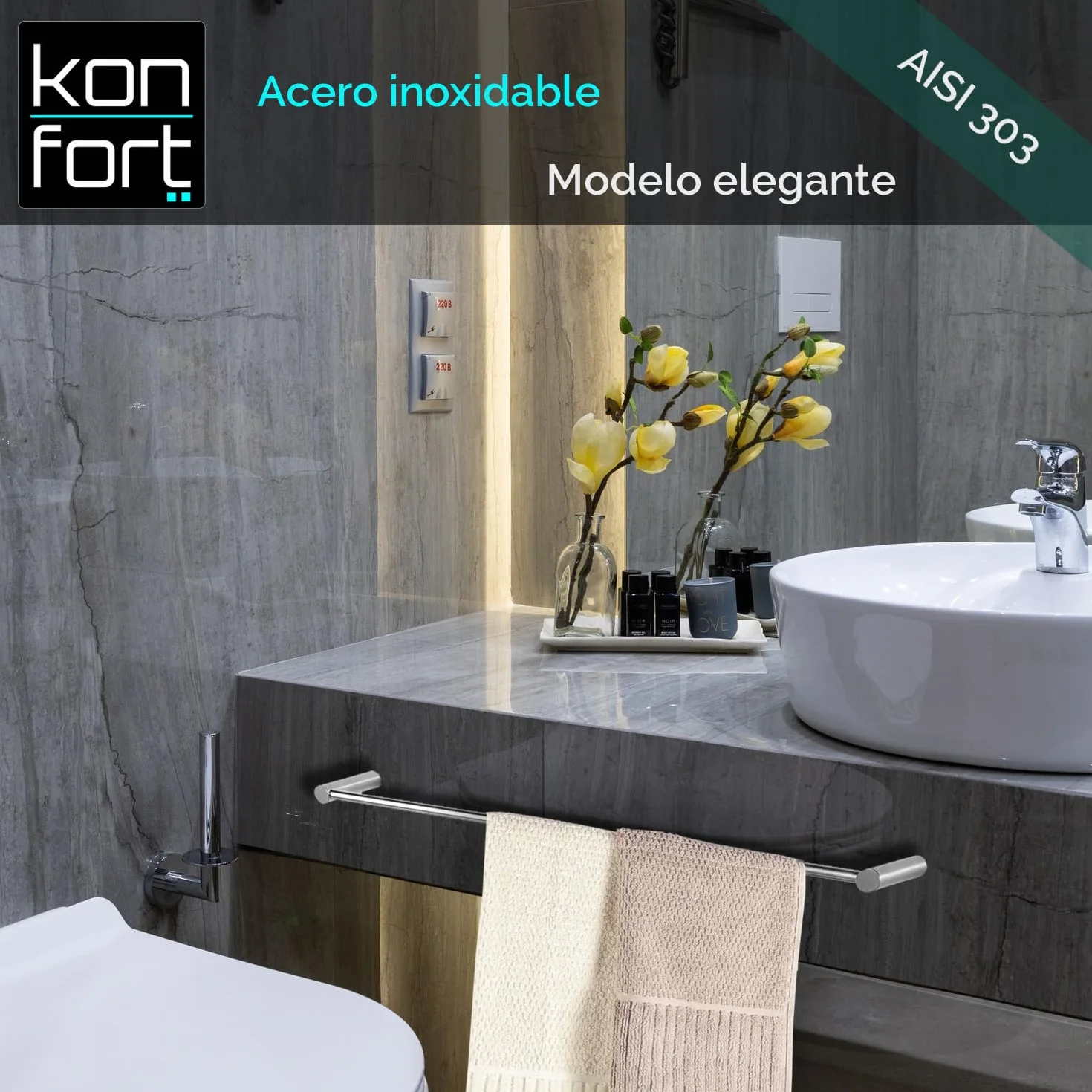 Kon-fort Home Toallero Baño 30cm. con Tornillos Acero Inoxidable AISI 304 Mate, Diseño Exclusivo.