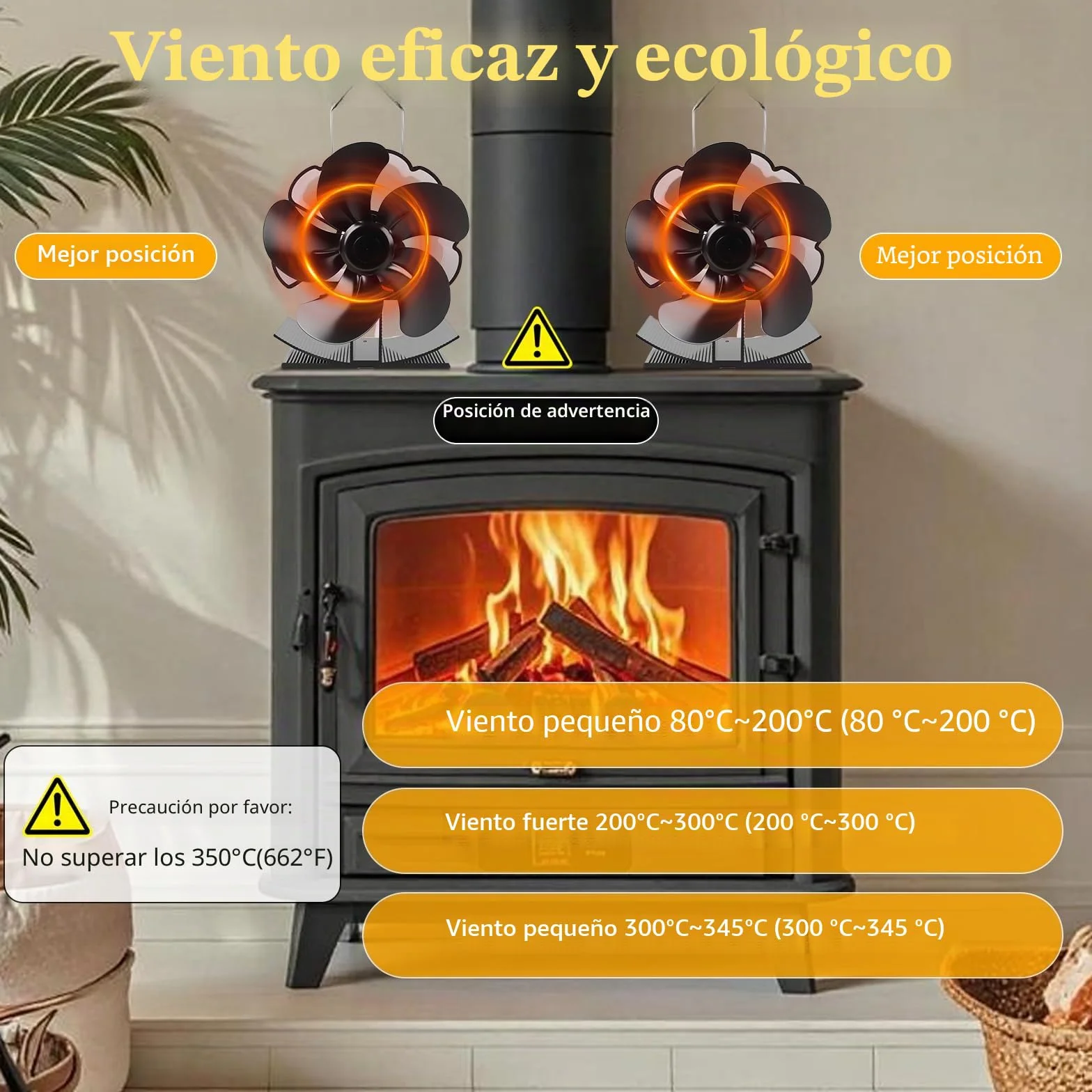 5 PáGinas Ventilador de Chimenea, Ventilador para Estufa de Leña, Ventilador Chimenea Sin Electricidad Alimentado, Operación Silenciosa, para Estufas de Leña de Leña/Leña/Chimenea/Estufa