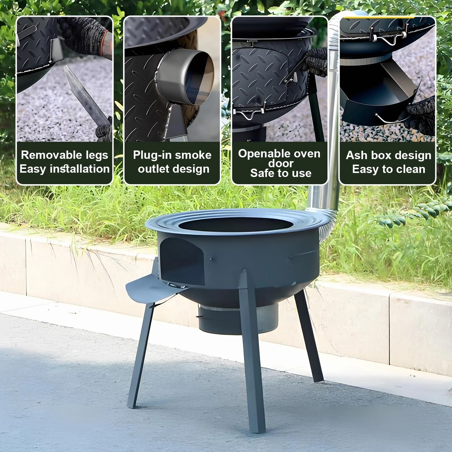 Estufa de Leña de Hierro Fundido Interior y Exterior Estufas de Camping Portátil de Acero Grueso con Patas de 70cm, Estufa Calefactora Multifunción(35cm)