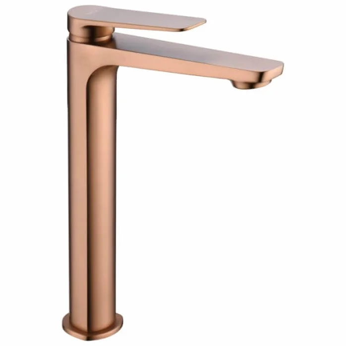 MICE - Grifo monomando con caño alto para lavabo fabricado en latón - grifo de lavabo caño largo apto para Agua frio/caliente - Serie Napoles Oro Rosa Cepillado BDN047-3ORC