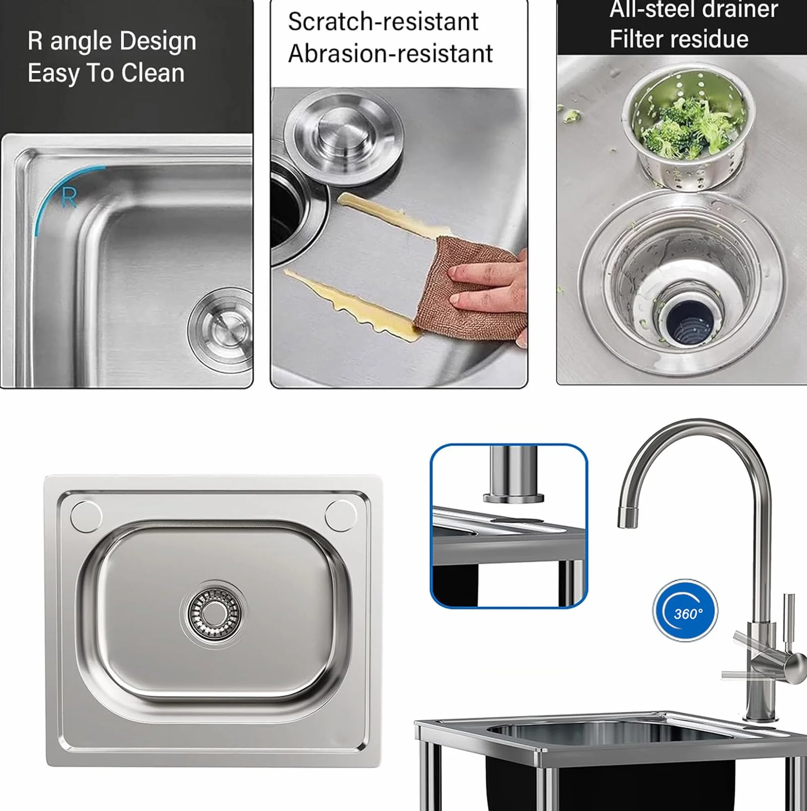 Fregadero De Cocina Exterior/Jardin Mueble Fregadero De Acero Inoxidable | Portatil Lavamanos Industriales con Grifo Estante Y Escurridor Pila De Lavar Para Garajes/Lavanderías/Restaurantes Comercial