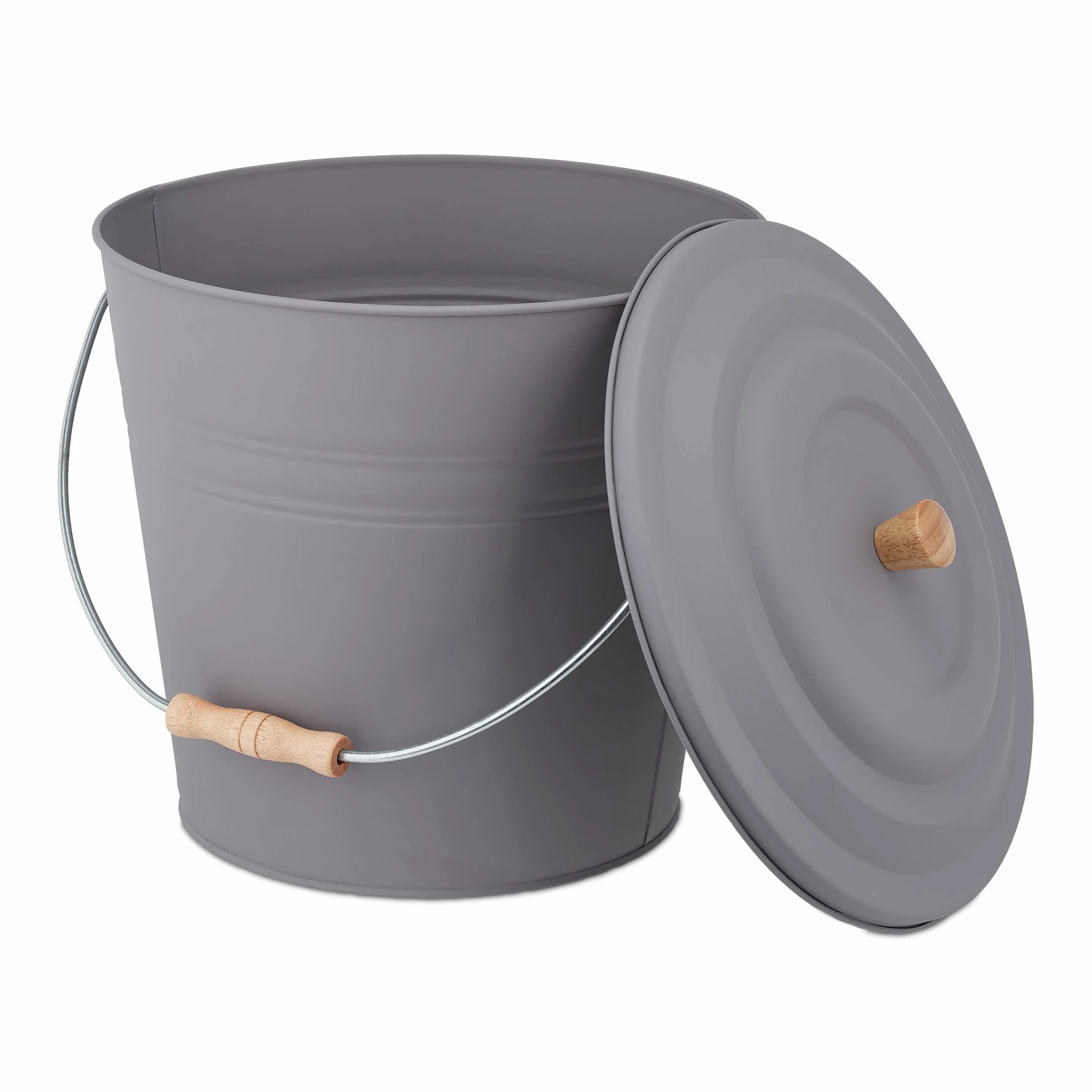 Relaxdays Cubo Cenizas con Tapa, 12 litros, Accesorio Chimenea, BBQ, Acero y Madera, Contenedor Ceniza con Asa, Gris