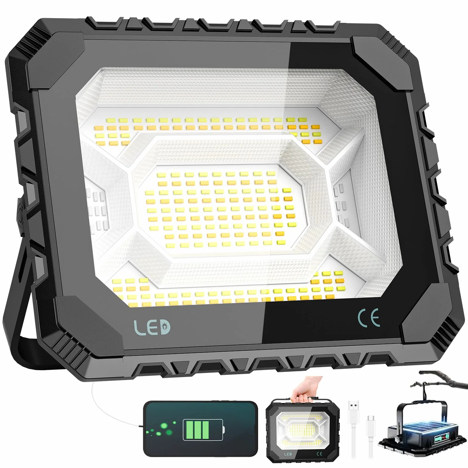 150W Foco LED Recargable Solar, 5 Modos Luz de Trabajo Portátil USB 16000 lm, Foco LED Bateria 16000 mAh, IP66 Impermeable foco solar portatil Magnética para Camping, Trabajo, Pesca, Emergencia