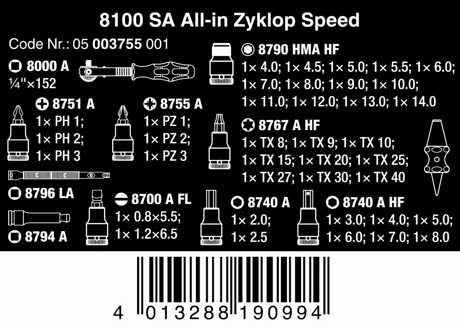 Wera 05003755001 8100 SA All-in Juego de carraca Zyklop Speed, Negro, Cromo, Verde, 1/4"