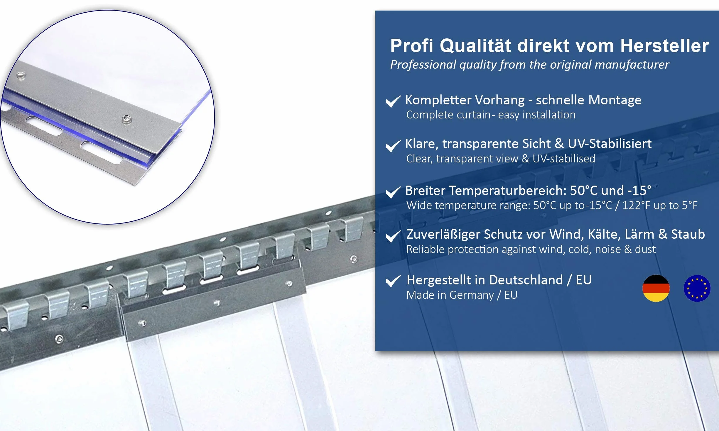 Zettl GmbH cortina de tiras de PVC, láminas de 300x3 mm, ancho x altura 1,50x2,75m, premontado, acero inoxidable, para agricultura, gastronomía, industria