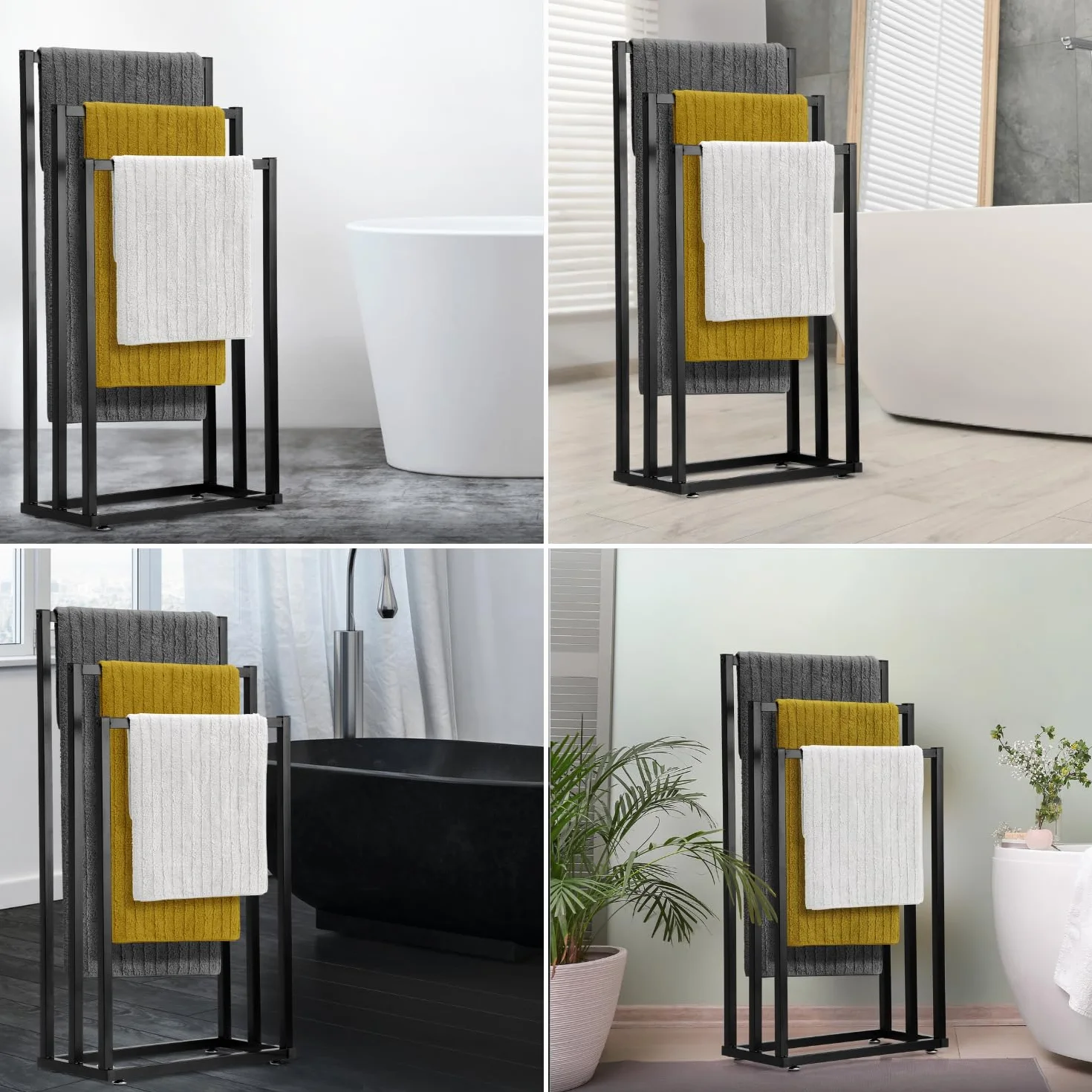 Toallero de Pie Negro – Soporte de Toallas Moderno para Baño – Estructura Estable sin Taladro