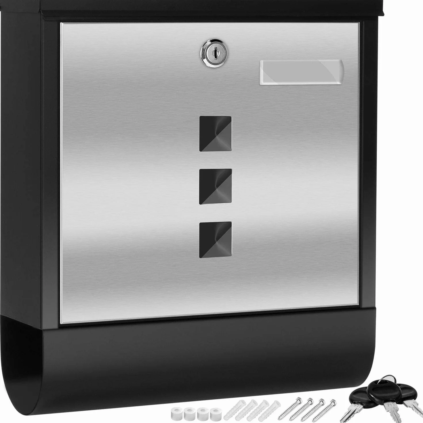 KESSER® Buzón de Acero Inoxidable con Placa de Nombre para el Compartimento del periódico, Ventana de visualización, Cepillado, con Cierre de 3 Llaves, con Recubrimiento, Negro/Plata