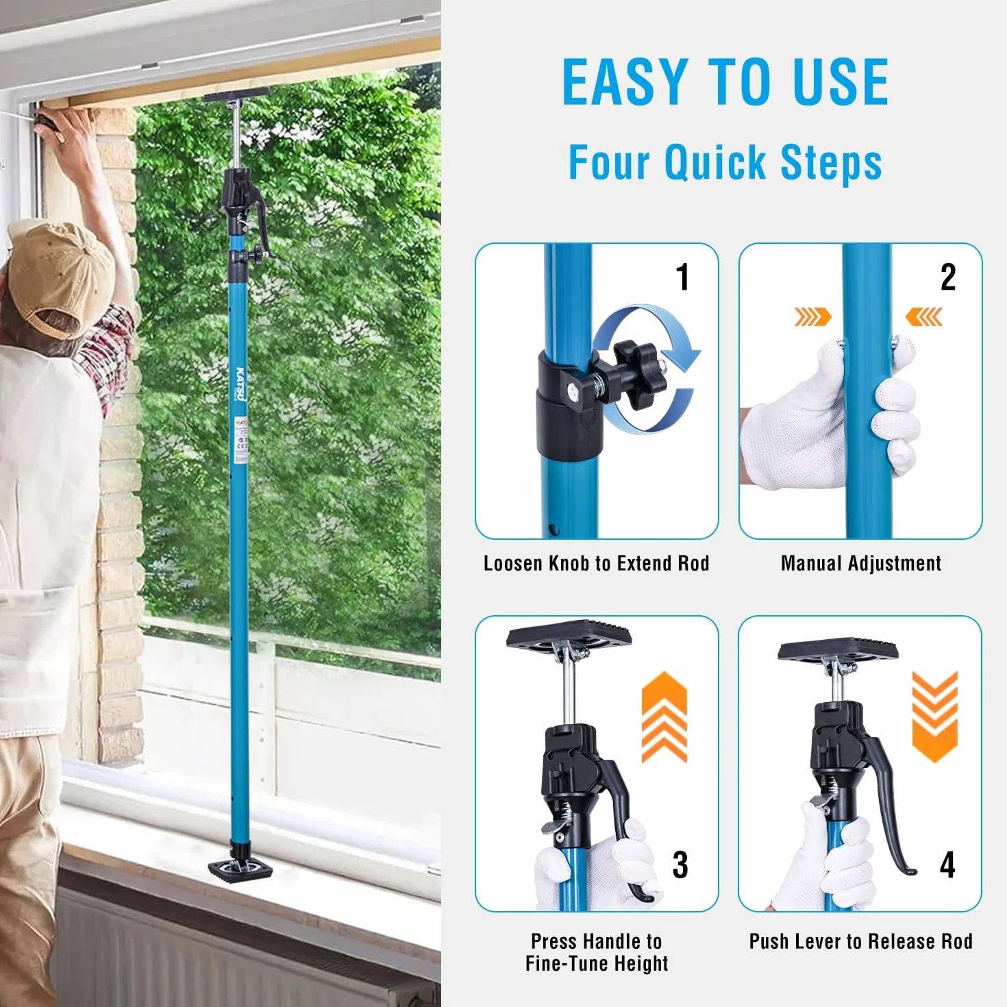 KATSU Tools - Juego de 2 barras telescópicas de soporte rápido de acero de 40-60 cm, capacidad de carga de 40 kg, para puntal de marco de puerta de gabinete de yeso