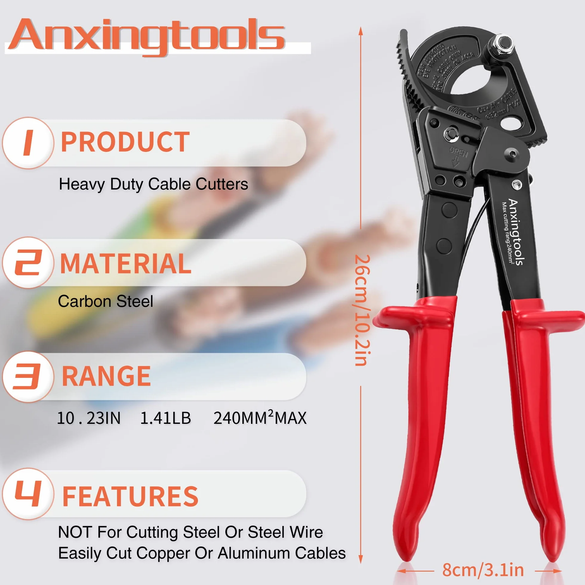 Cortadores de carraca, Anxingtools HS325 Cortaalambres de alta resistencia para cable de cobre y aluminio de hasta 240 mm², cortadores de cable de carraca