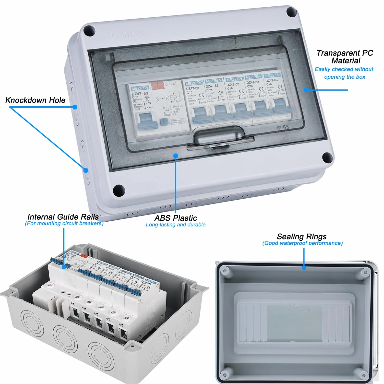 Nizirioo Caja de distribución de superficie IP65 resistente al polvo: interruptor automático de 63 A, interruptor de aire 2 x 6 A+10 A+20 A+32 A para jardín y exteriores