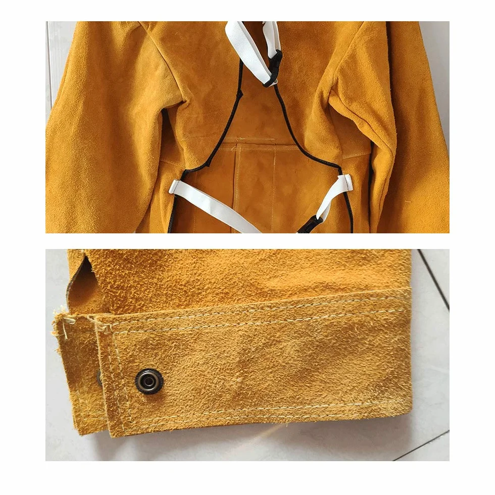 Delantal soldador de cuero vacuno para hombres y mujeres, con mangas y cuello, delantal de protección de trabajo resistente, a prueba de chispas, resistente al calor, 41 x 21 pulgadas