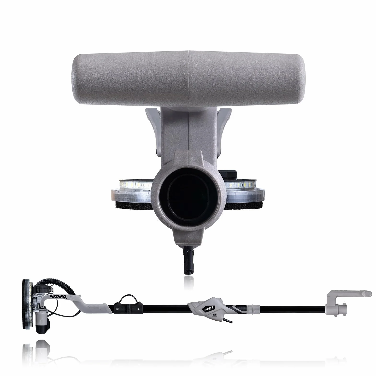 Werku WK403070, Lijadora Circular Paredes-Techos Auto-Aspirante, Calidad Profesional, Potencia 750 W, Disco 225 mm, Sistema Luz LED Visión, Incluye Disco Lijado y Manguera Aspiración