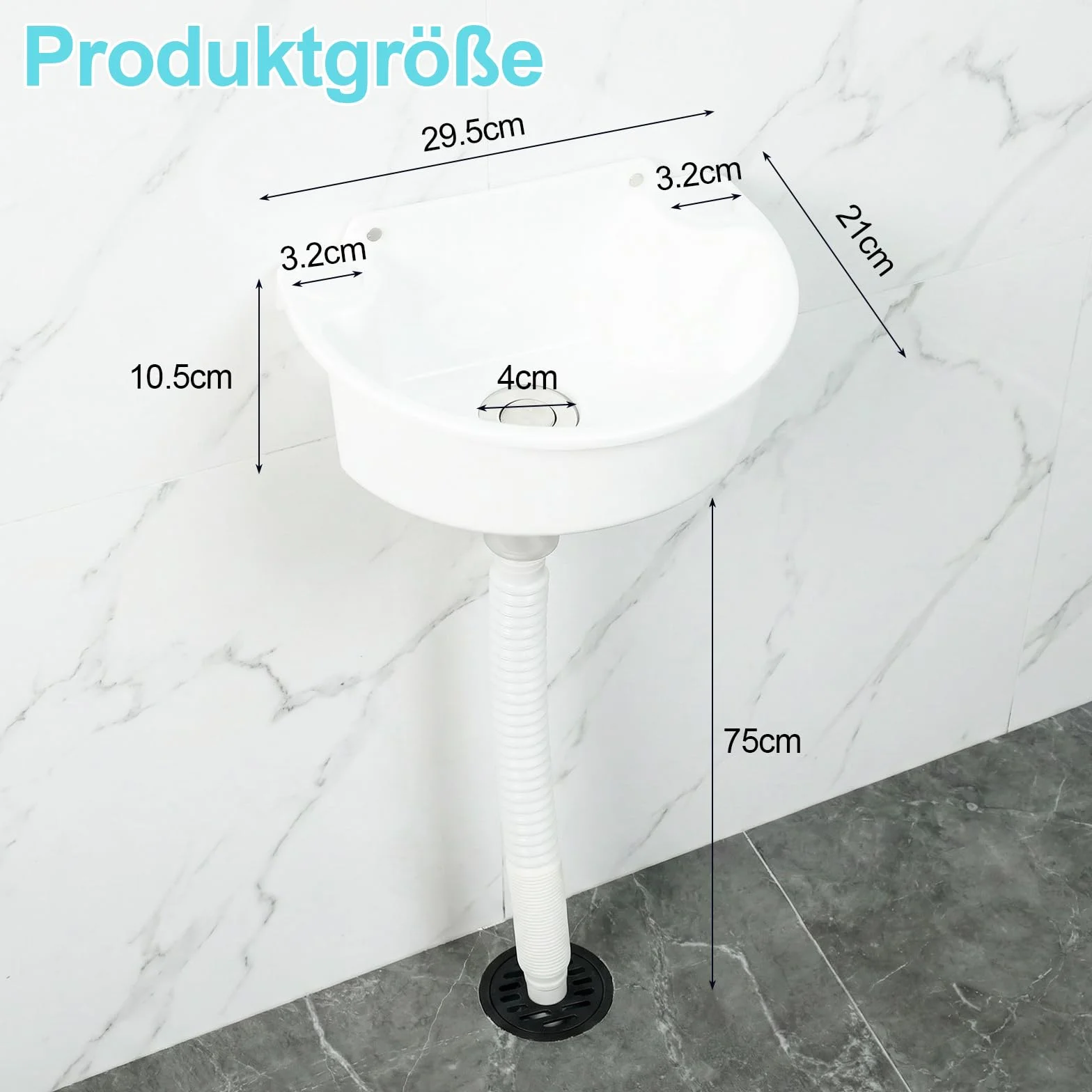Fregadero de plástico, mini lavabo con desagües de acero inoxidable de 75 cm y tapón de drenaje, fregadero semicircular curvado, para camping, para jardín, sótano, inodoro y baño