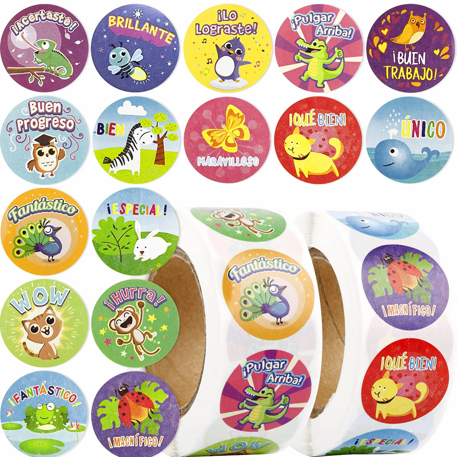 Pegatinas de recompensa en español 2,5 cm autoadhesivas animales decoración infantil profesor regalo