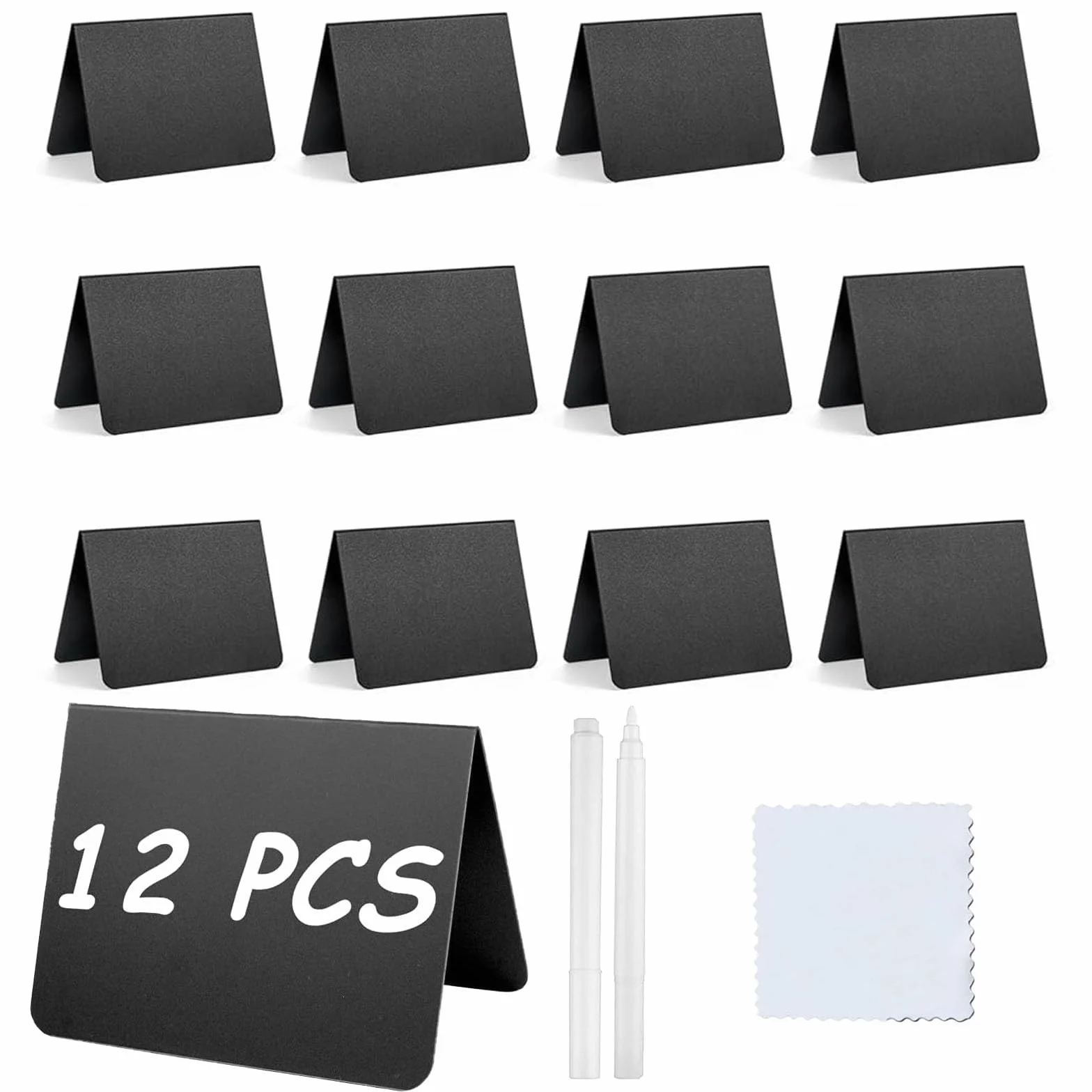 LightBeacon Pizarra Pequeña de Tiza 12 Piezas 10 x 7,6 cm Portaprecios en Forma de V PVC Negro con Rotuladores y Paño