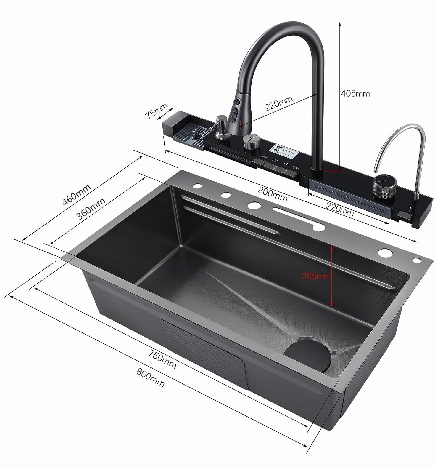 Fregadero de cocina, fregadero de acero inoxidable T304, fregadero de cocina multifuncional, fregadero cascada, fregadero empotrado con grifo digital multifuncional y varios accesorios (80x45cm)