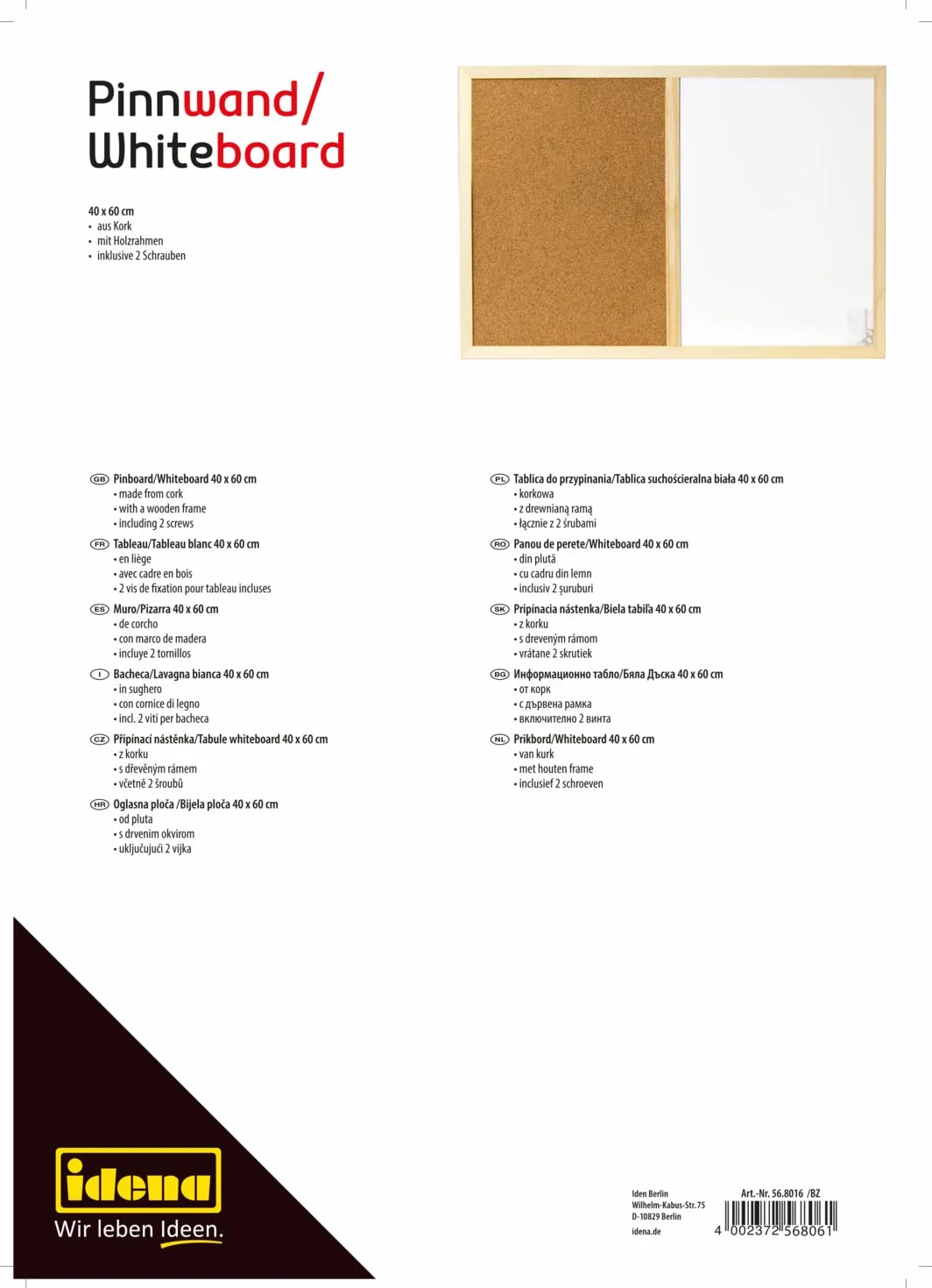 Idena Tablón de anuncios pizarra blanca marco madera 40 x 60 cm montaje pared