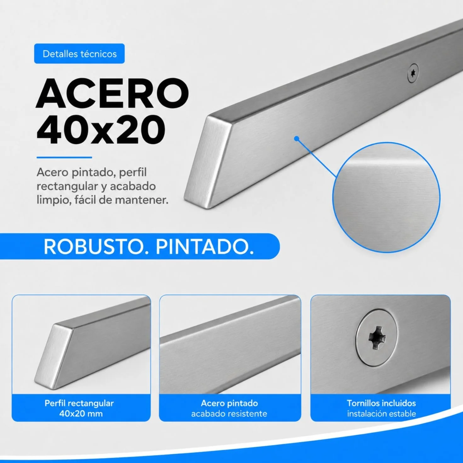 Pasamanos rectangular de acero inoxidable, 40 x 20 mm, gris