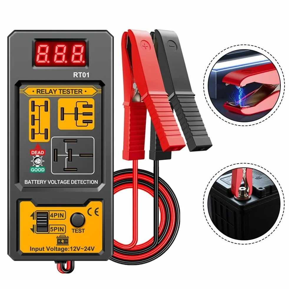 Comprobador de relé de coche de 12 V/24 V. Pantalla LCD con retroiluminación digital, prueba relés de 4/5 pines, compatible con baterías de plomo-ácido/AGM/litio adecuadas para coches, camiones
