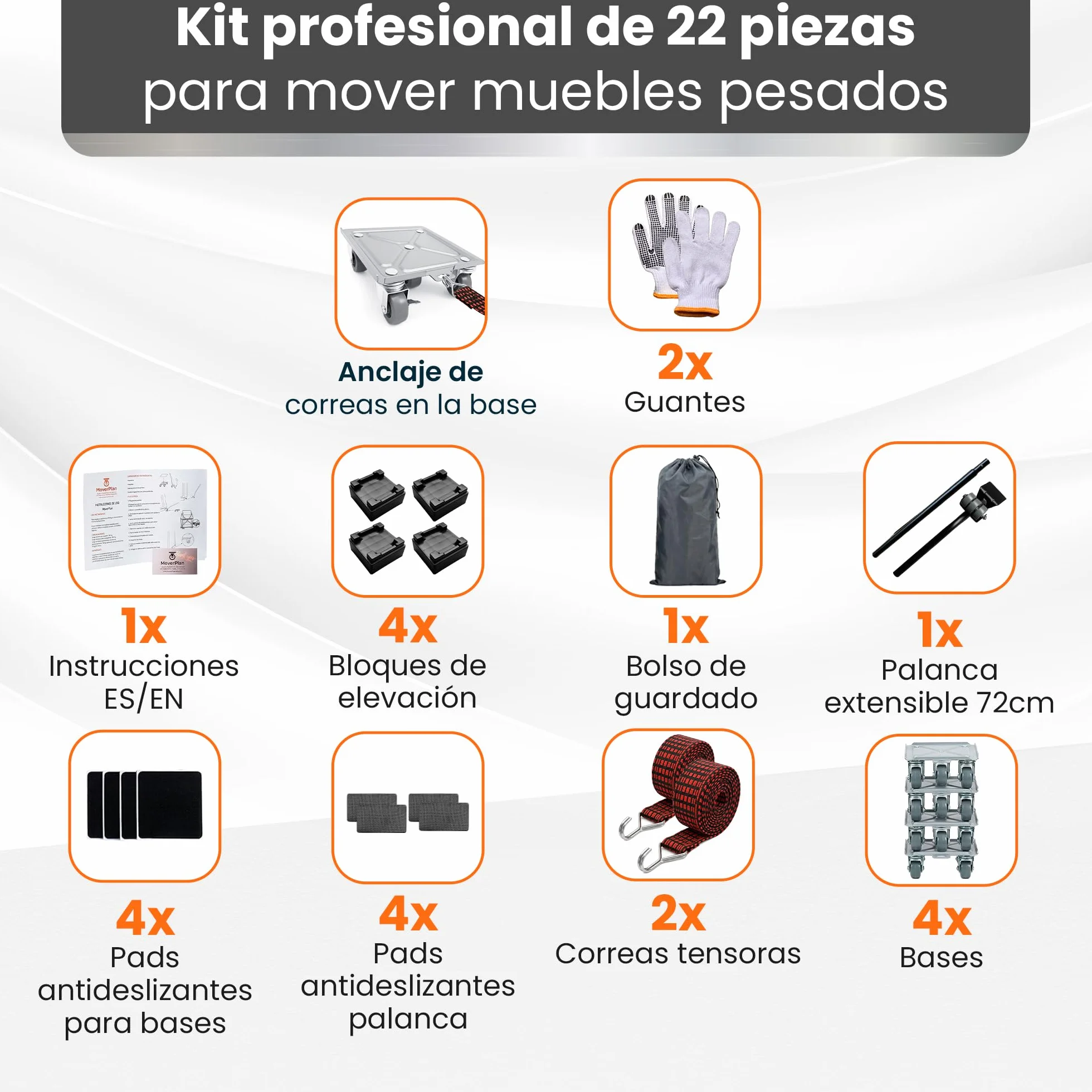 Ruedas para Mover Muebles Pesados 600kg - Elevador Muebles con 5 Ruedas 360°, Acero Reforzado, Correas de Amarre, Palanca Extensible, Kit Profesional 22 Piezas