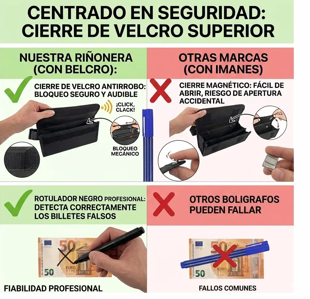 Cartera Dispensador de Monedas y Billetes con Bolígrafo Detector - Riñonera Camarero para Taxi, Vendedores (Negro)