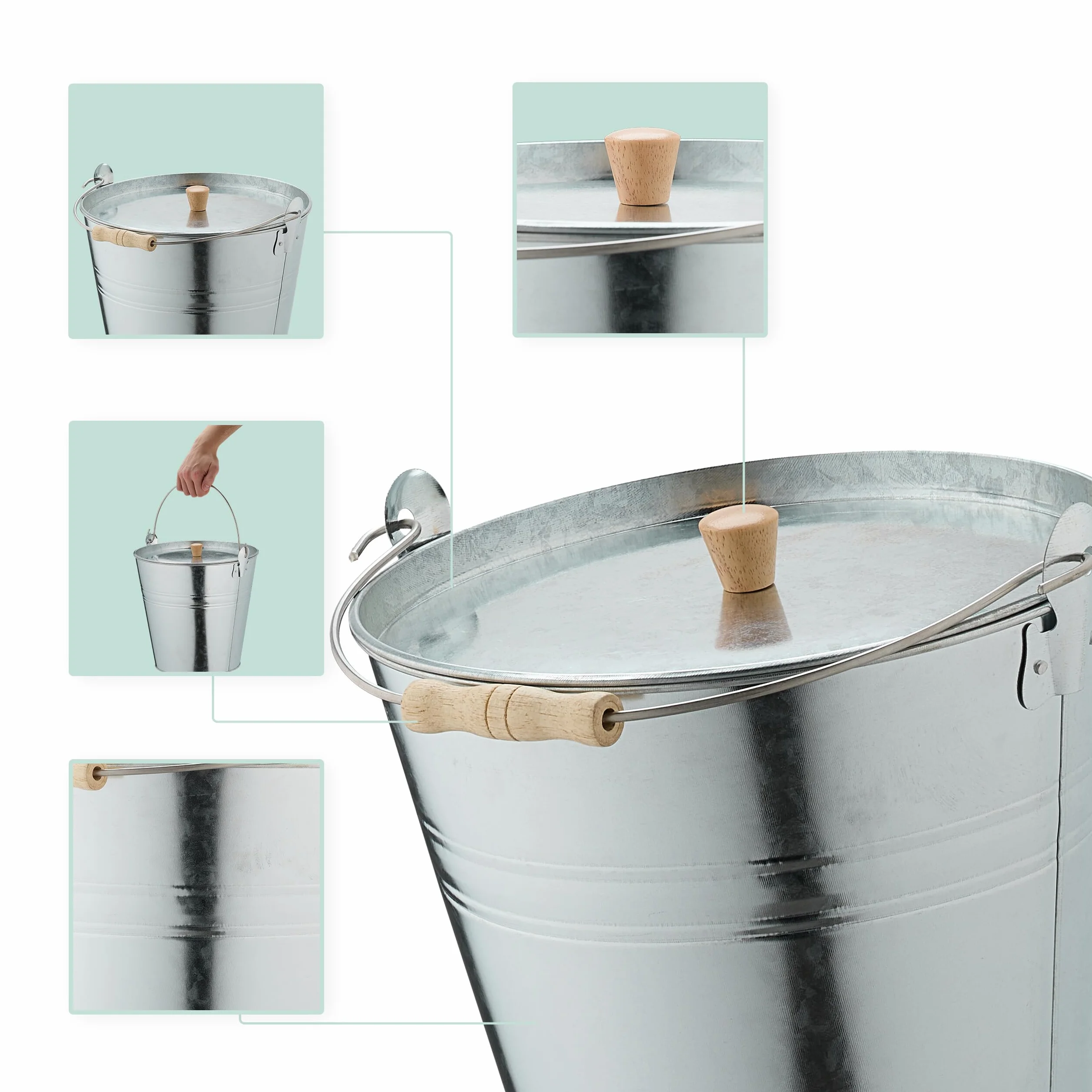 Relaxdays Cubo para Cenizas con Tapa, 12,5 L, Accesorio Chimenea, Estufa, Asa Madera, Almacenar Carbón, Acero, Plateado