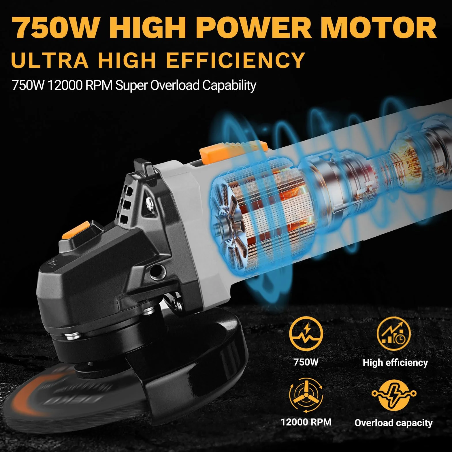 Amoladora Angular, DEKOPRO 115mm 750W Amoladora Angular Eléctrica con cable,12.000 RPM, para cortar, amolar, pulir y lijar, con 2 Discos de Amolar y 1 Disco de Cortar