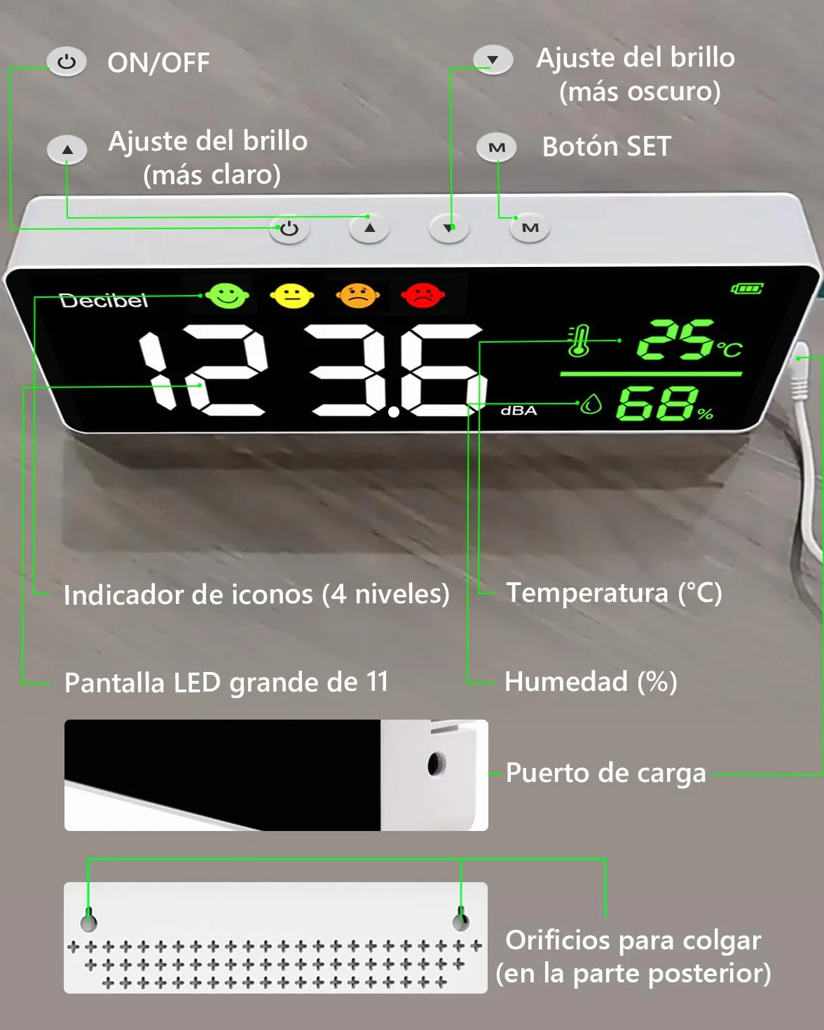 Medidor de Decibelios Digital 3 en 1 Sonómetro 30-130dB ±1.5dB Medidor Nivel Sonido Temperatura Humedad Pantalla LCD