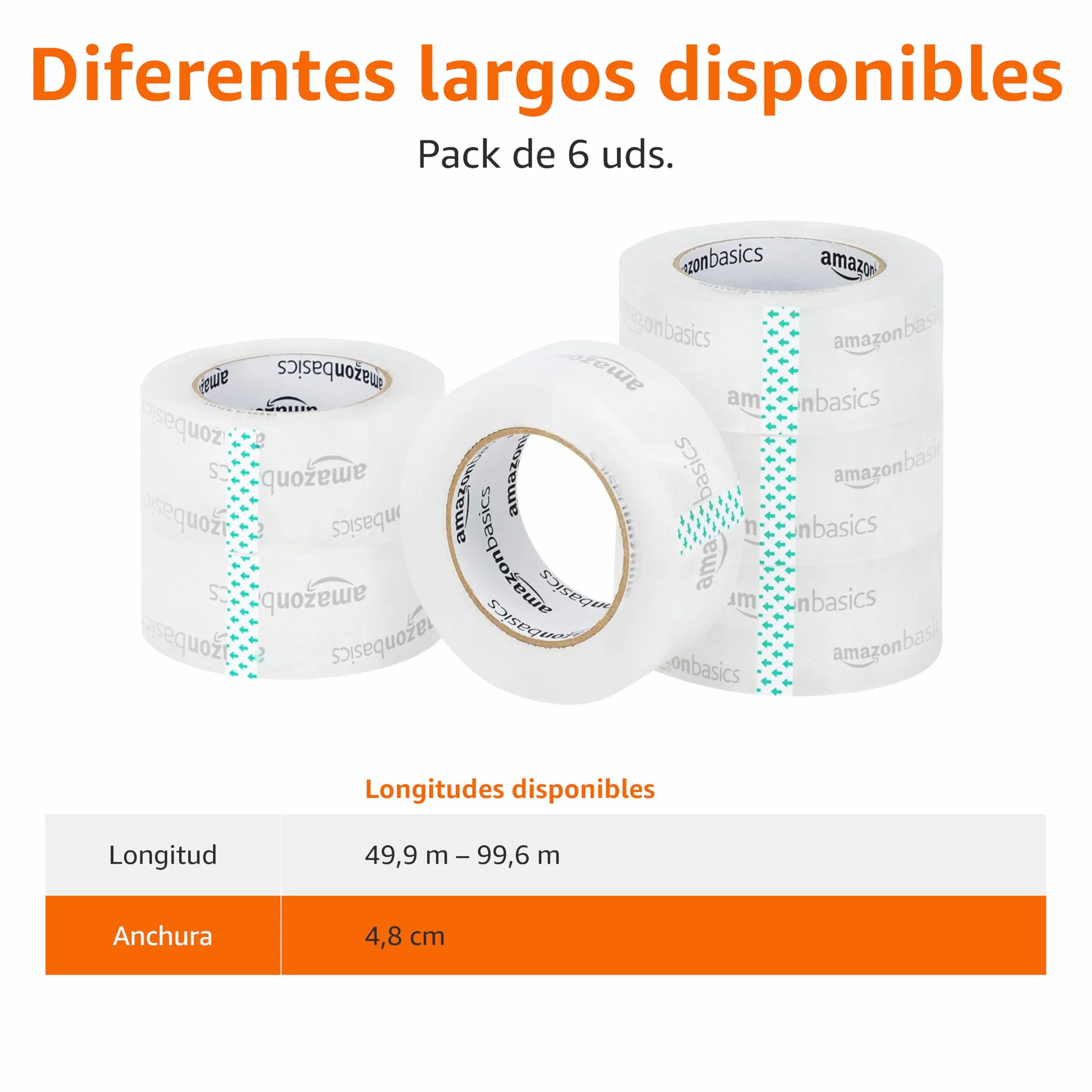 Amazon Basics Cinta de embalaje 6 unidades, 4,7 cm x 99,6 m, transparente