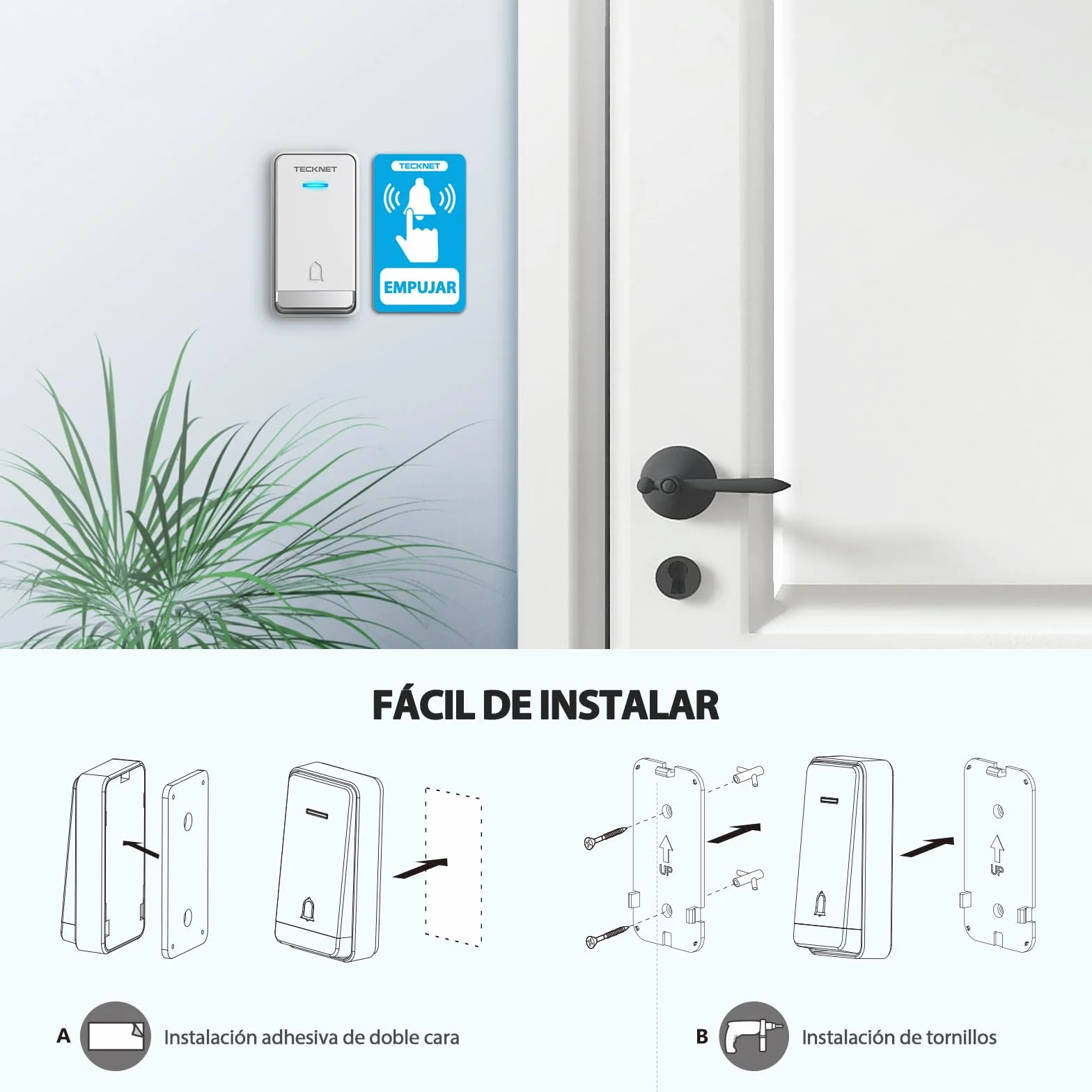 TECKNET Timbre Inalámbrico Exterior Impermeable con Enchufe, 400m Alcance Timbre Casa Autoalimentado, IP65 Timbre para Puerta sin Pilas con Indicadores LED, 60 Melodías Rango, 5 Niveles de Volumen