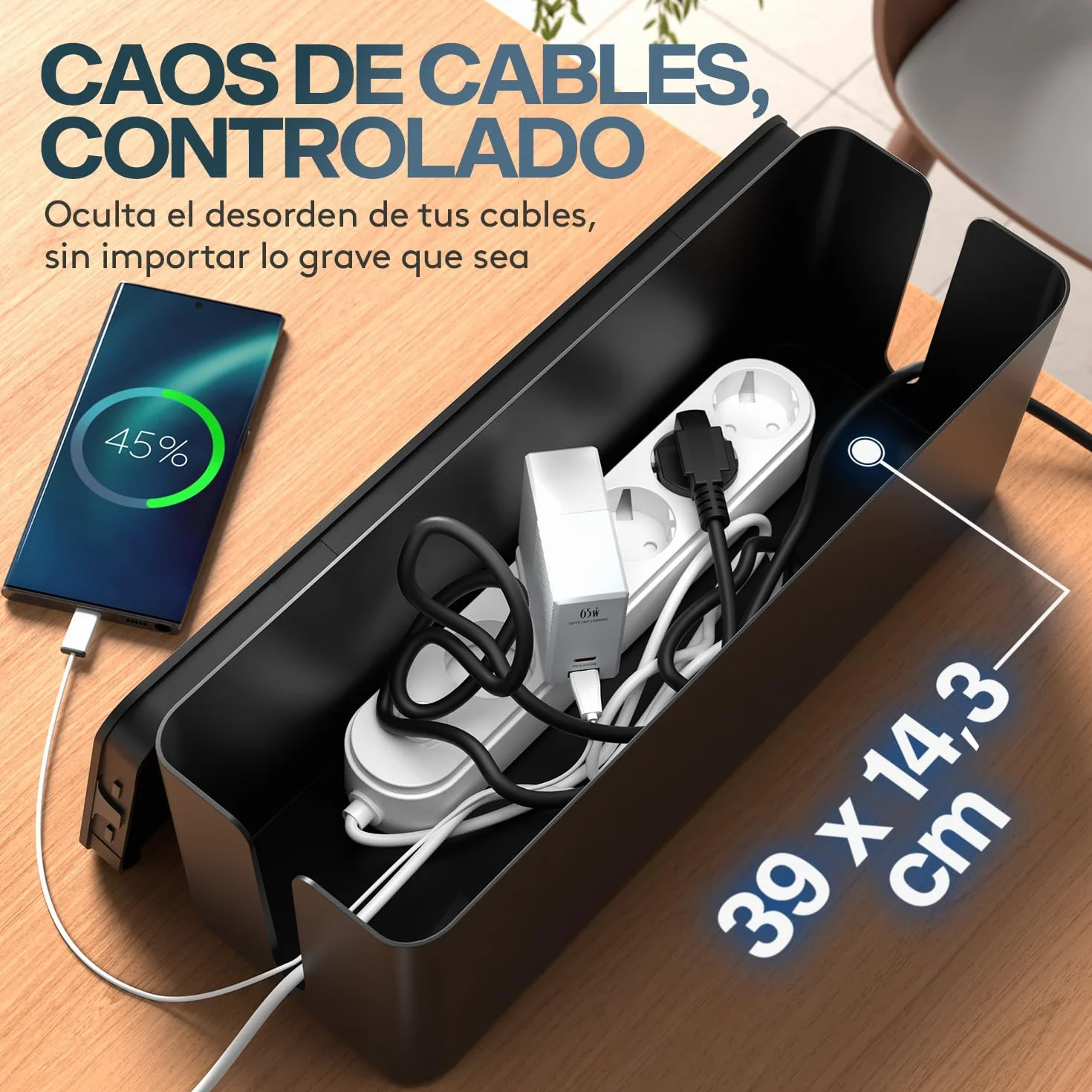 ACROPAQ Caja Porta Cables - Grande (40,6 x 15,6 x 13,4 cm), Caja para la gestión de Cables para esconder Cables y enchufes, Plástico, Negro - Caja Cables, Organizador de Cables